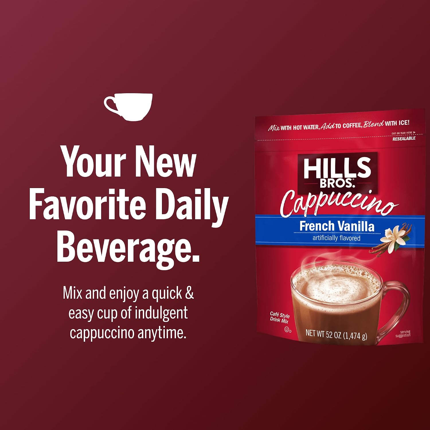 Hills Bros. Cappuccino Mix – Rich, Frothy Coffeehouse-Tasting Instant Drink Mix – Quick and Easy Preparation – Perfect for Hot & Iced Drinks & Creaming Coffee – Double Mocha, 1 Pack of 16oz