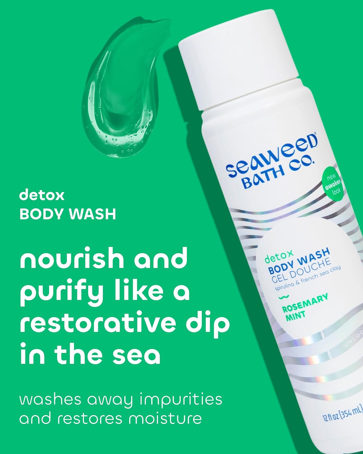 Seaweed Bath Co. Hydrate Body Wash, Unscented, 12 oz | Foaming Shower Gel Cleanser with Natural Ingredients, Fragrance Free and Gentle, Good for Sensitive Skin