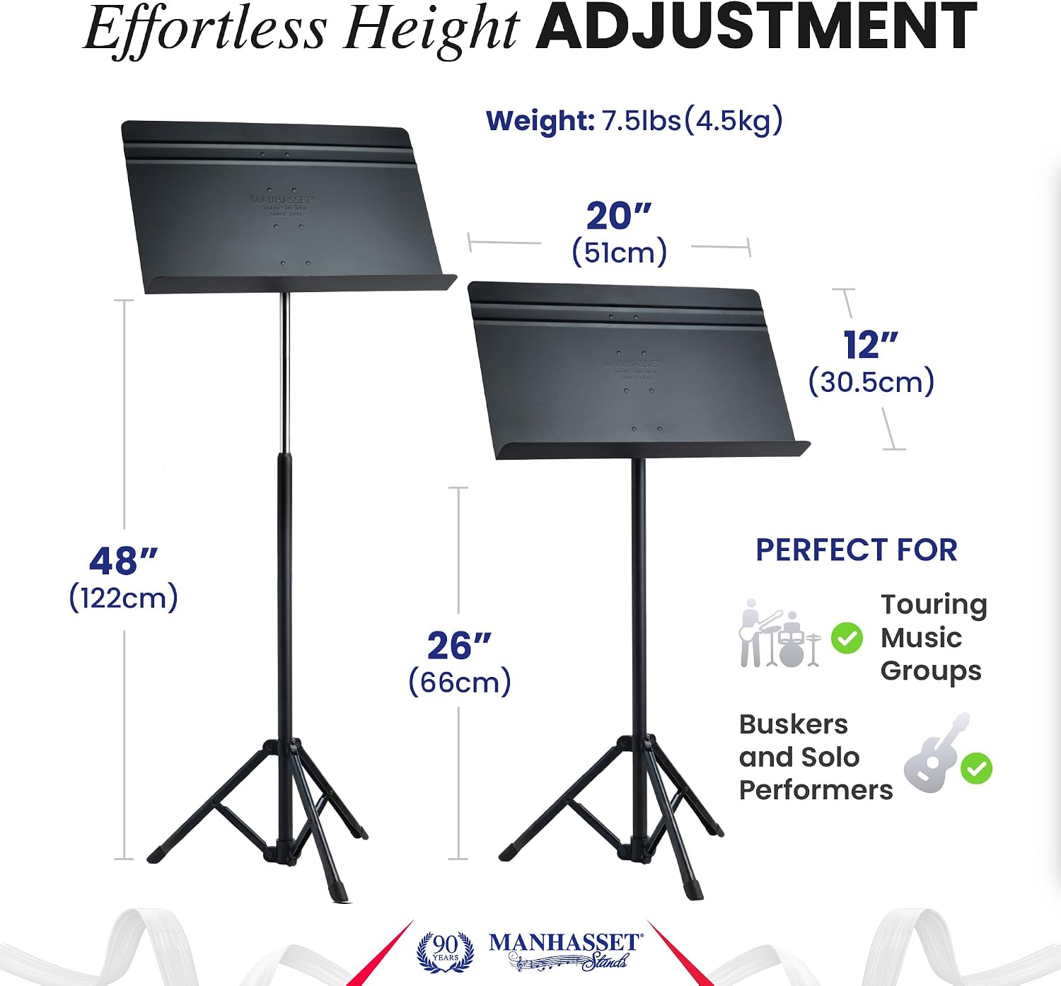 Manhasset Voyager Portable Music Stand For Sheet Music - Quick Assembly Folding Stand with Retractable Legs