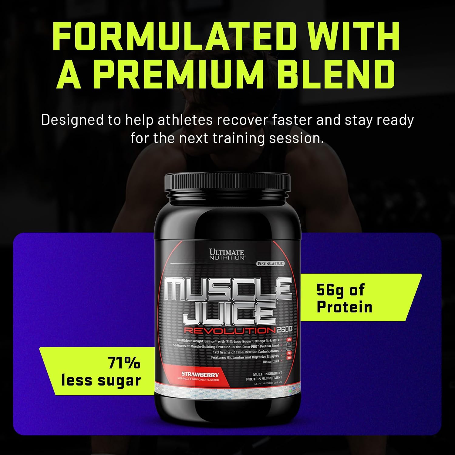 Ultimate Nutrition Muscle Juice Revolution 2600 Weight Gainer, Muscle Recovery with Glutamine, Micellar Casein and Time Release Complex Carbohydrates, Banana Protein Powder, 4.69 Pounds | 70g Octo-PRO™ Protein Blend, 175g Time-Release Carbs, 1000mg Gluta…