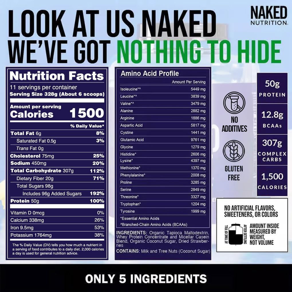 NAKED Mass - Natural Weight Gainer Protein Powder - 8 LB Bulk, NSF Certified, GMO Free, Gluten Free & Soy Free. No Artificial Ingredients - 1,250 Calories per Serving