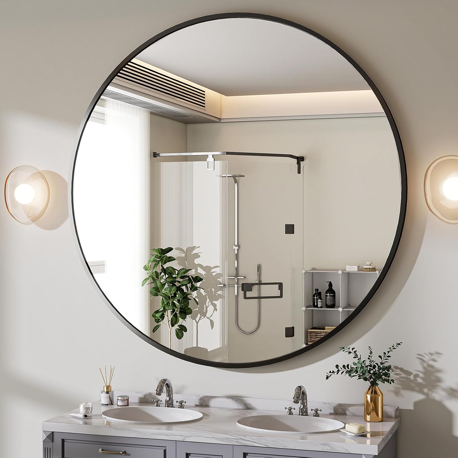 BEAUTYPEAK 24 Inch Round Mirror, Metal Frame Circle Mirror, White