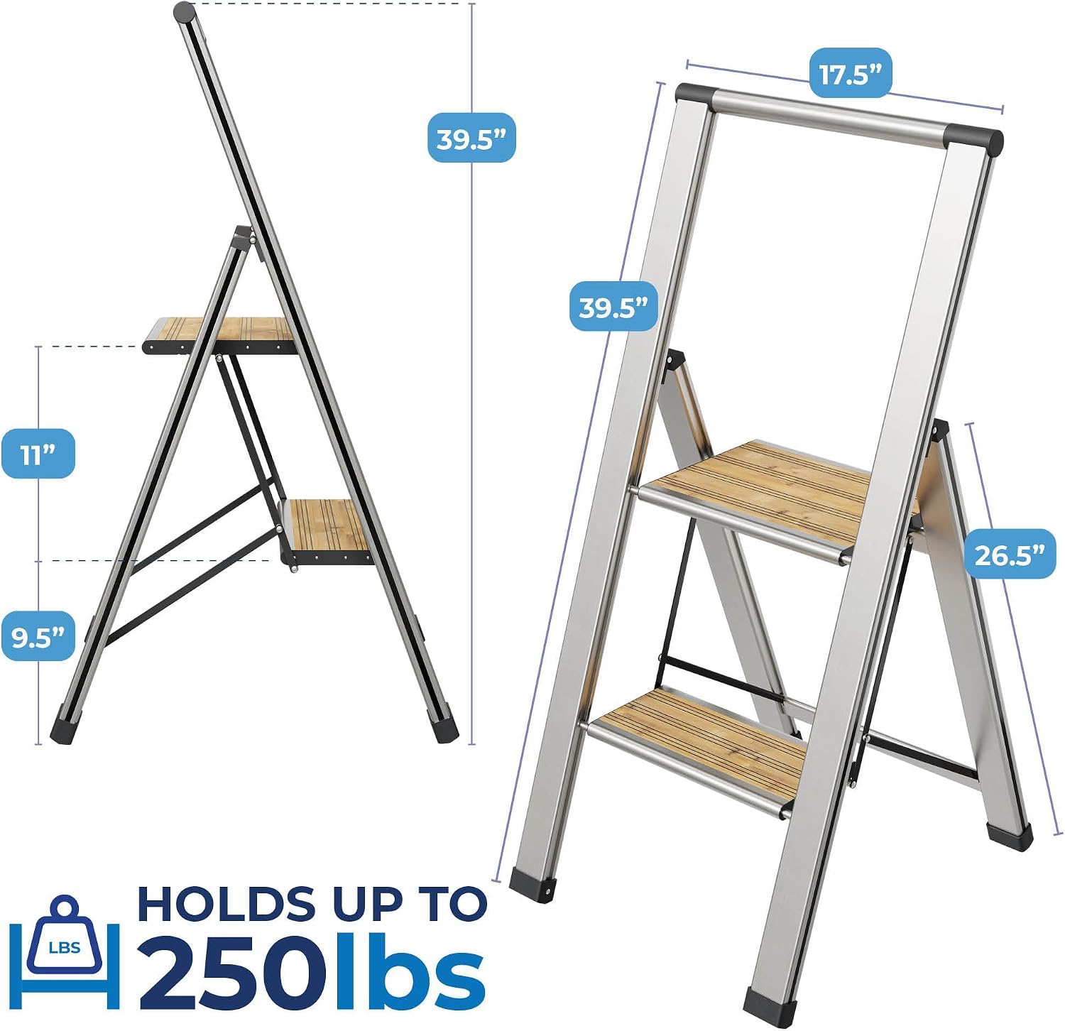 Step Ladder 2 Step Folding, Decorative - Beautiful Bamboo & Silver Aluminum, Ultra Slim Profile, Anti Slip Steps, Sturdy-Portable for Home, Office