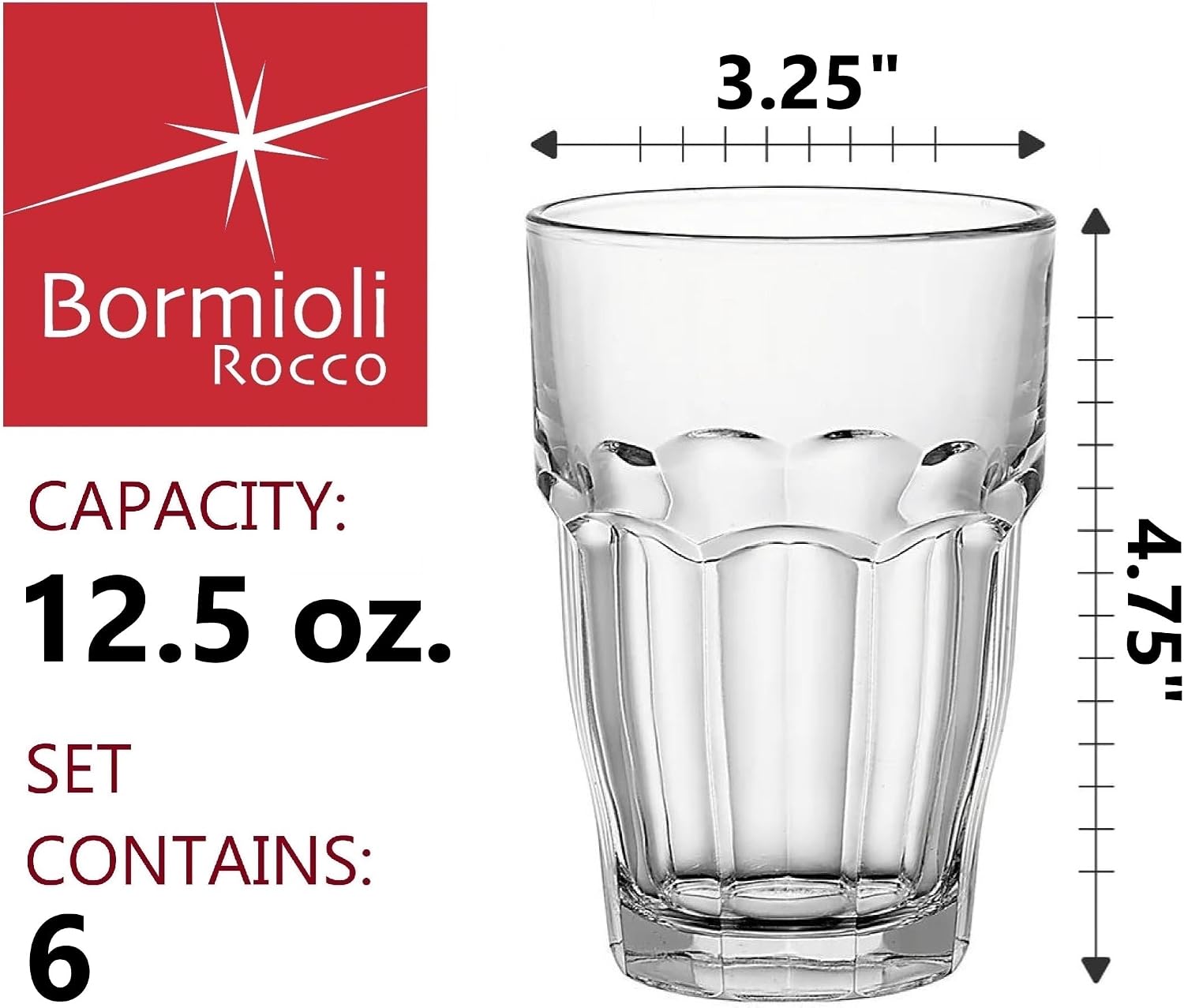 Bormioli Rocco Rock Bar 12.5 oz. Long Drink Stackable Tempered Beverage Glasses for Cold Drinks, Water, and Cocktails, Set of 6, Ice Blue