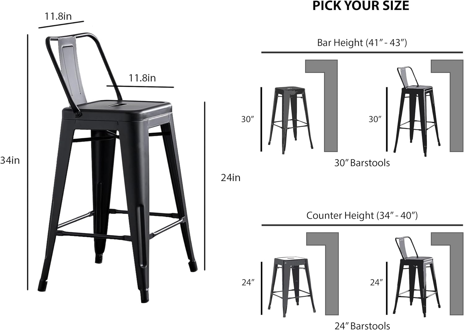 AC Pacific 30” Metal Barstool Set of 2 – Country Rustic Style with Low Back, Lightweight & Sturdy Build, Easy Assembly – Matte Black