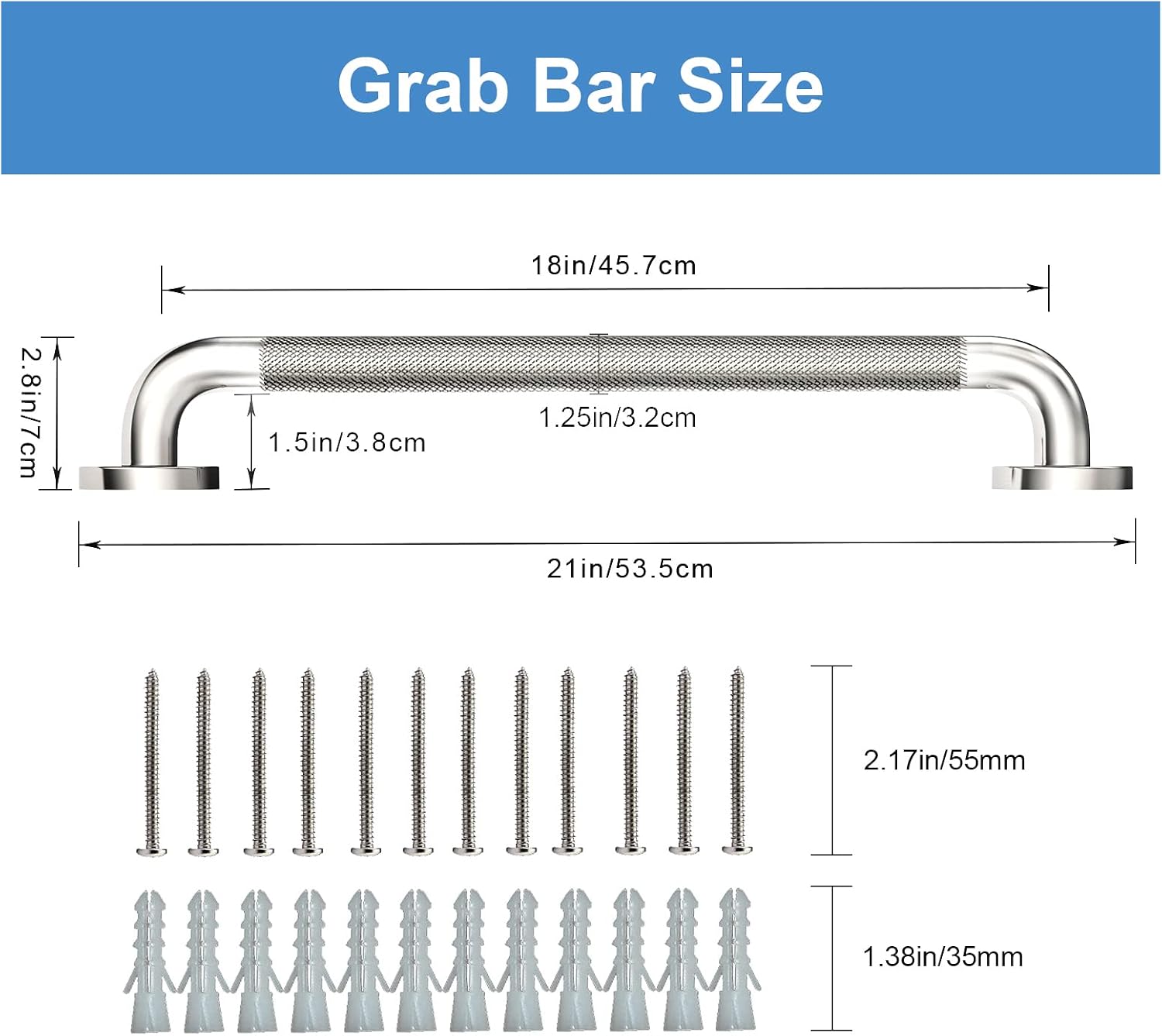 18 Inch Shower Grab Bar, 500lbs, Brushed Nickel Knurled, 2 Pack | 304 Stainless Steel, Fully Welded, ADA Compliant