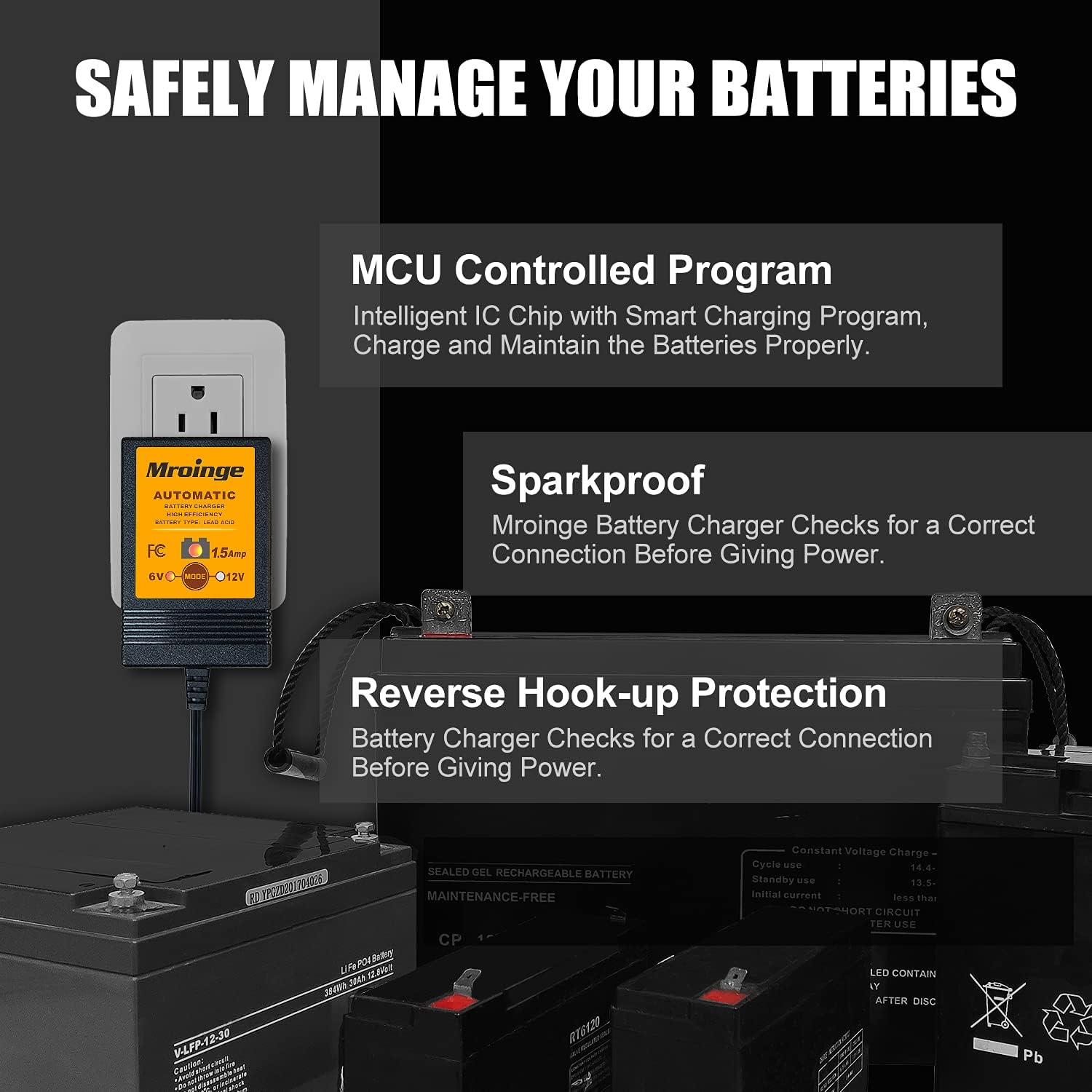 Smart Battery Charger, Mroinge 6V / 12V 1.5A Fully Automatic Trickle Charger/Maintainer for Motorcycle, ATV, Lawnmowers and More