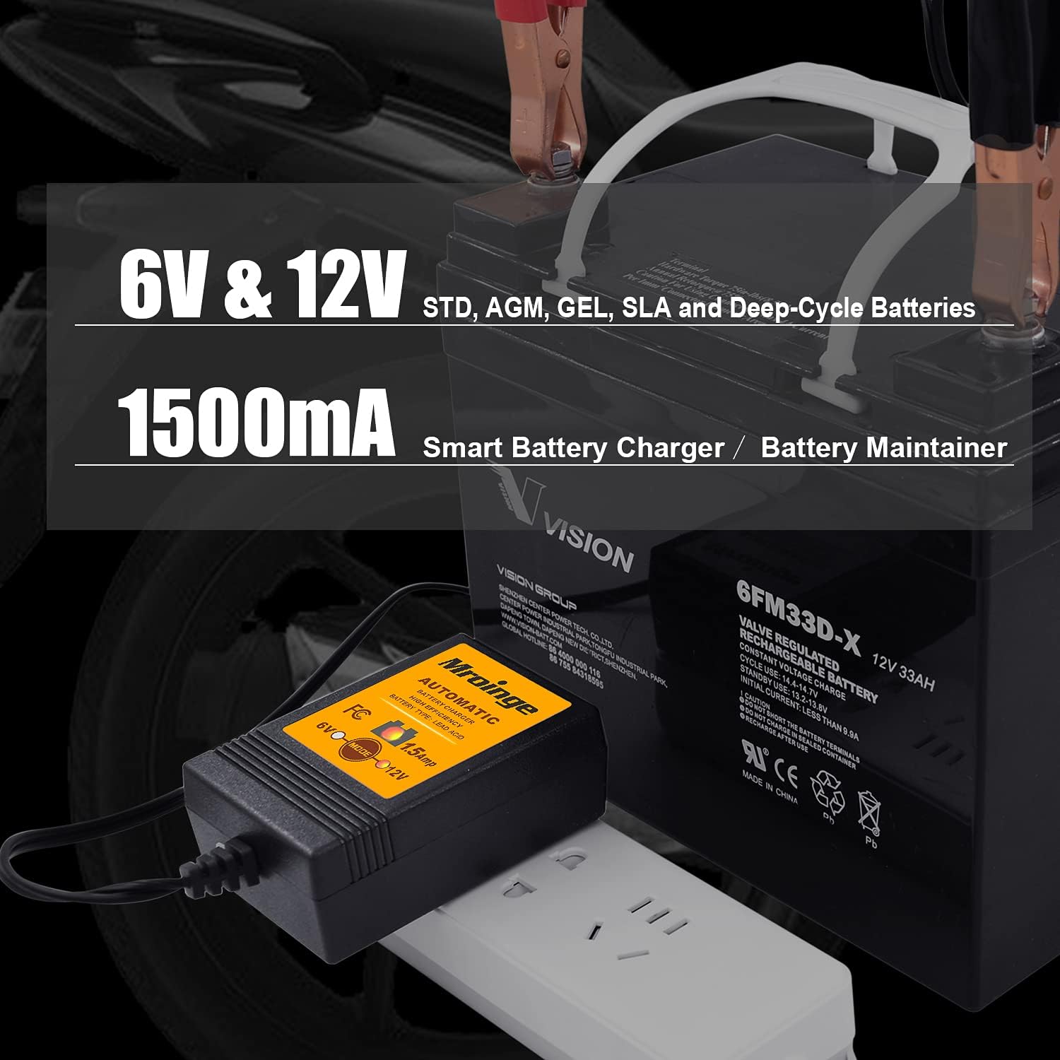 Smart Battery Charger, Mroinge 6V / 12V 1.5A Fully Automatic Trickle Charger/Maintainer for Motorcycle, ATV, Lawnmowers and More