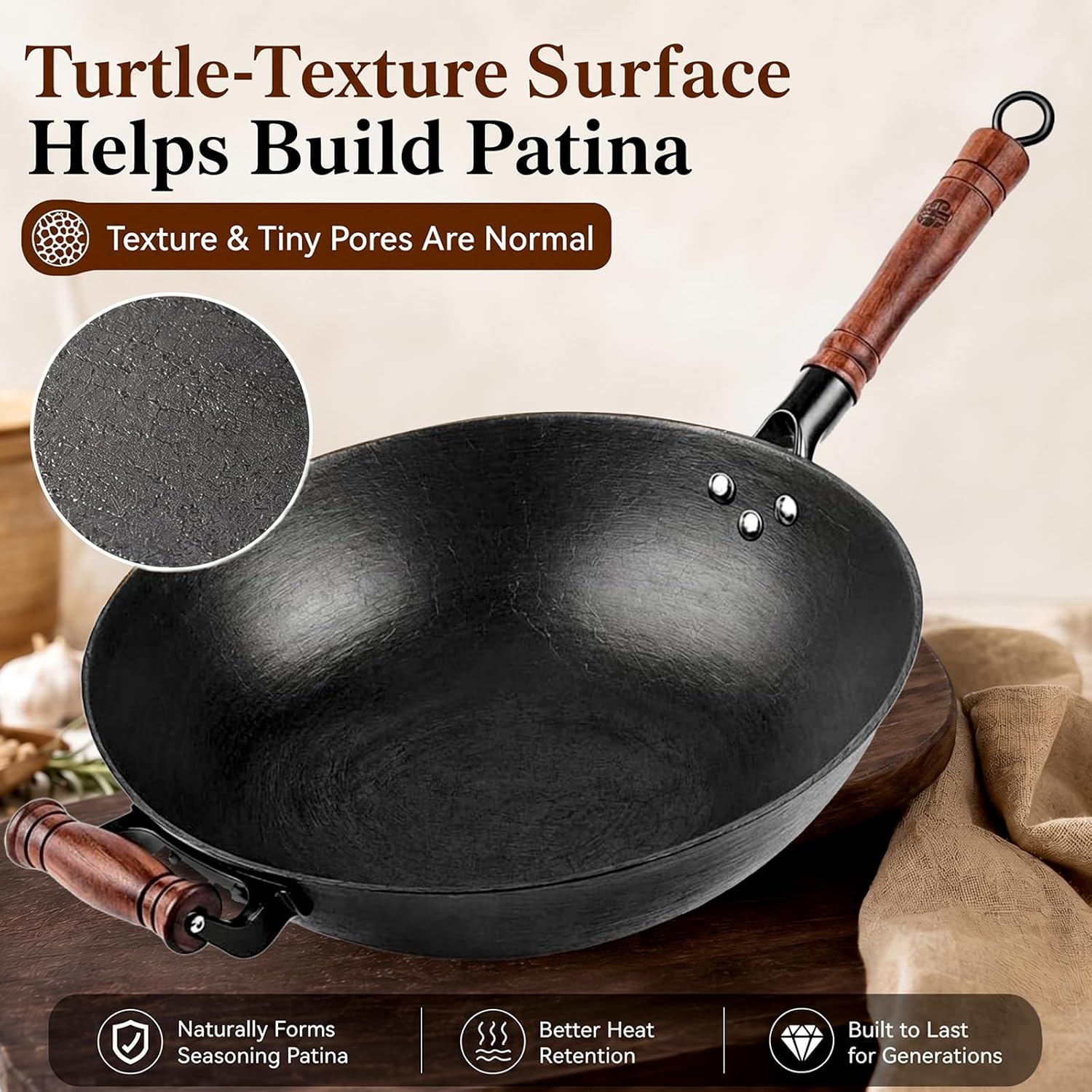 WANGYUANJI 12.6 Inch Cast Iron Wok with Wooden Lid, Handcrafted Flat Bottom Chinese Stir Fry Pan, Uncoated Heavy-Duty Iron Wok for Induction, Gas