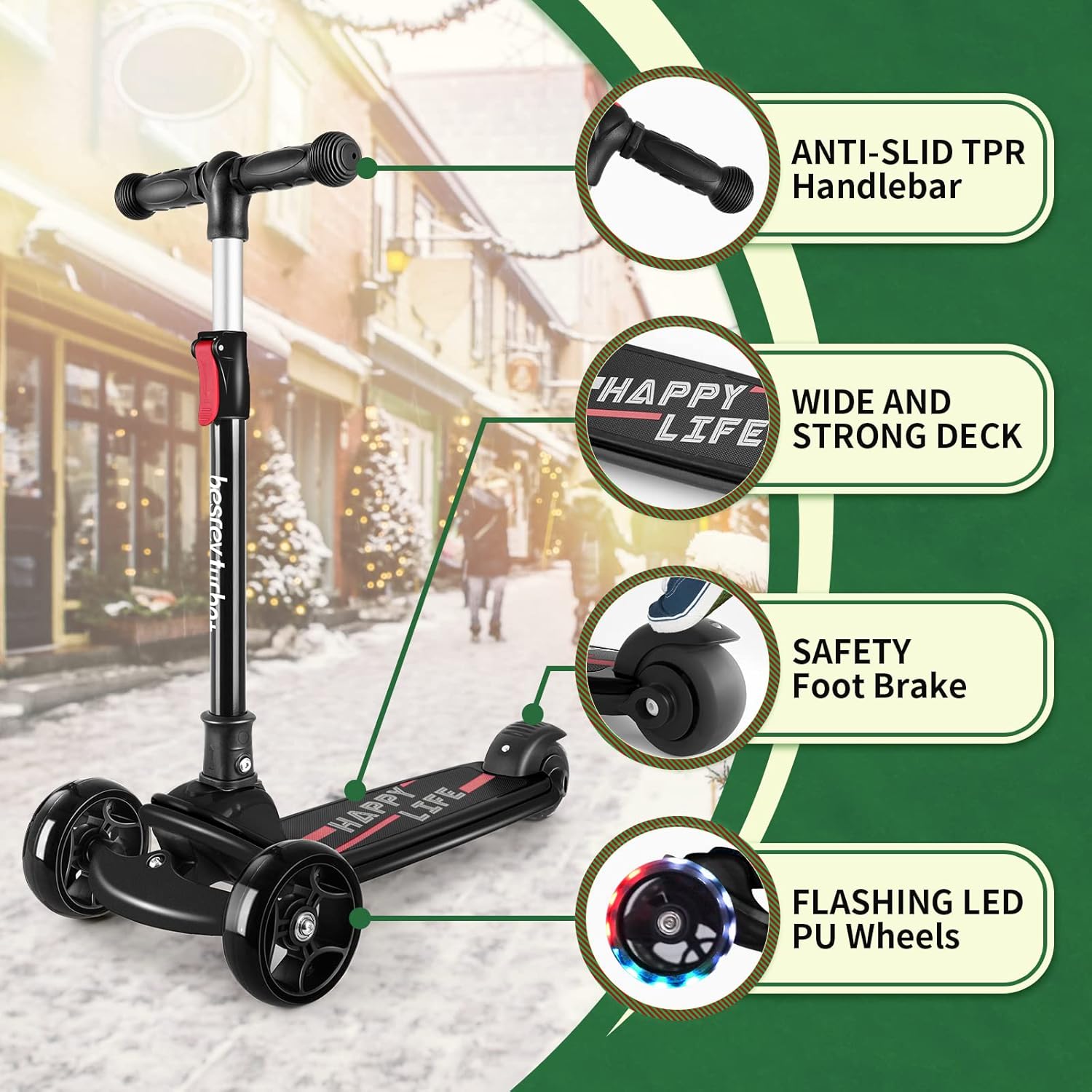besrey 3 Wheel Scooter for Kids Ages 3-10 with 4 Adjustable Height