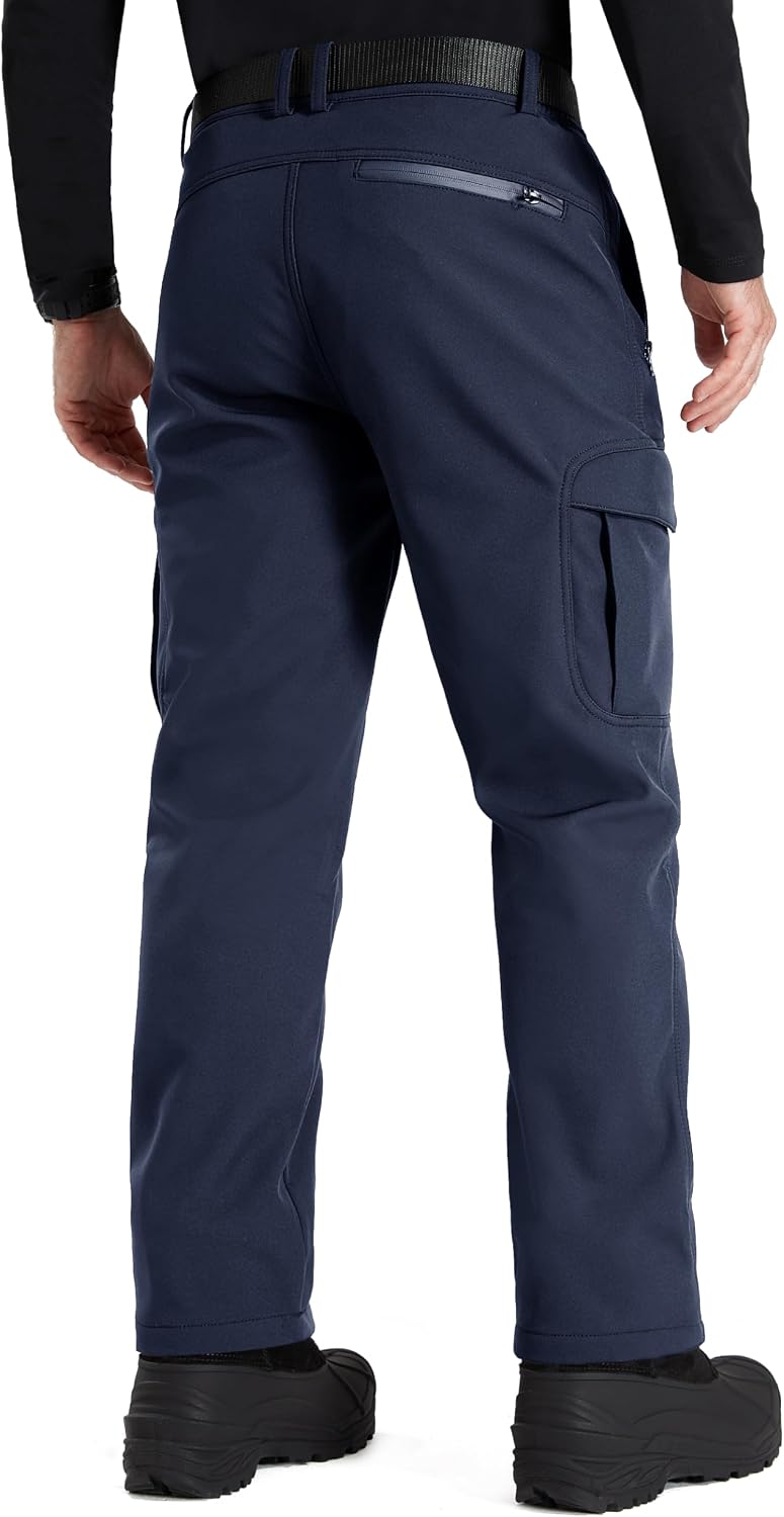 FREE SOLDIER Men's Outdoor Softshell Fleece Lined Cargo Pants | Snow Ski Hiking Pants with Belt, Waterproof Winter Pants, Insulated Work Pants, Breathable Windproof Insulated Pants