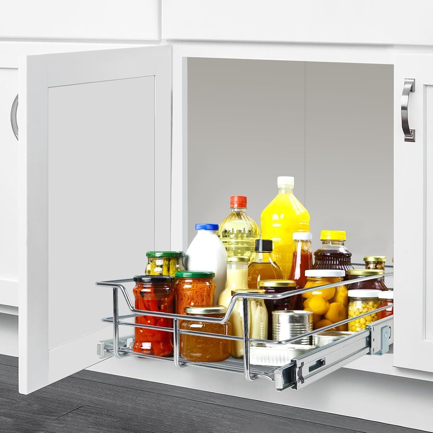 2 Tier Pull Out Cabinet Organizer 11" W X 22" D, Chromed, Full Slide Out