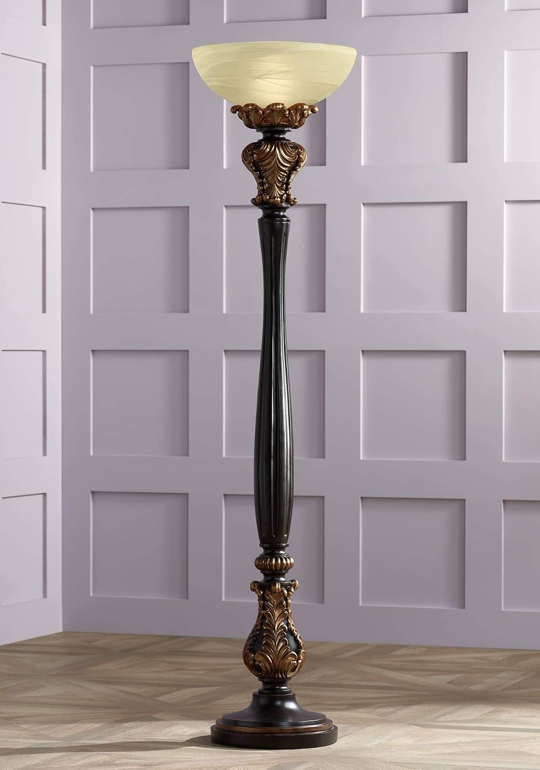 Valentina 75" Tall Acanthus Leaf Torchiere Floor Lamp Living Room | Traditional Victorian Carved Wood Amber Glass Shade Foot Dimmer Standing Light