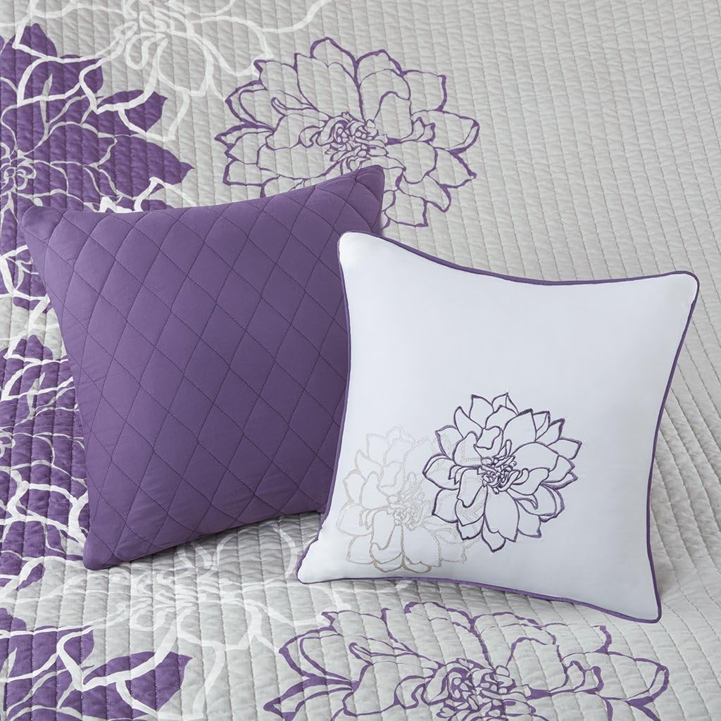 Madison Park Cotton Casual Floral Quilt Set, 6PC Full/Queen Coverlet | Channel Stitching Design, All Season, Lightweight Coverlet Bedspread Bedding, Shams, Decorative Pillows, Taupe Grey/Purple