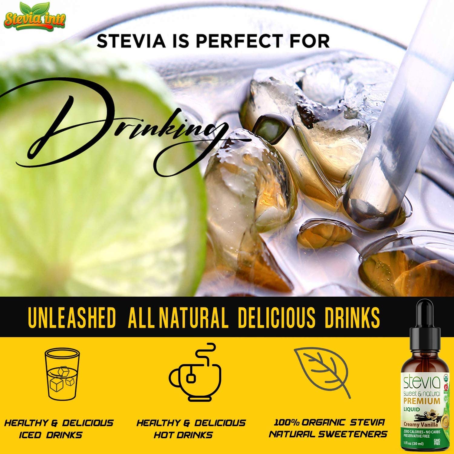 Creamy Vanilla Premium Stevia Drops. Organic Liquid Stevia, Sugar Substitute, Naturally Sweet, Non-Bitter, 0 Calorie, 0 Carb, NON-GMO