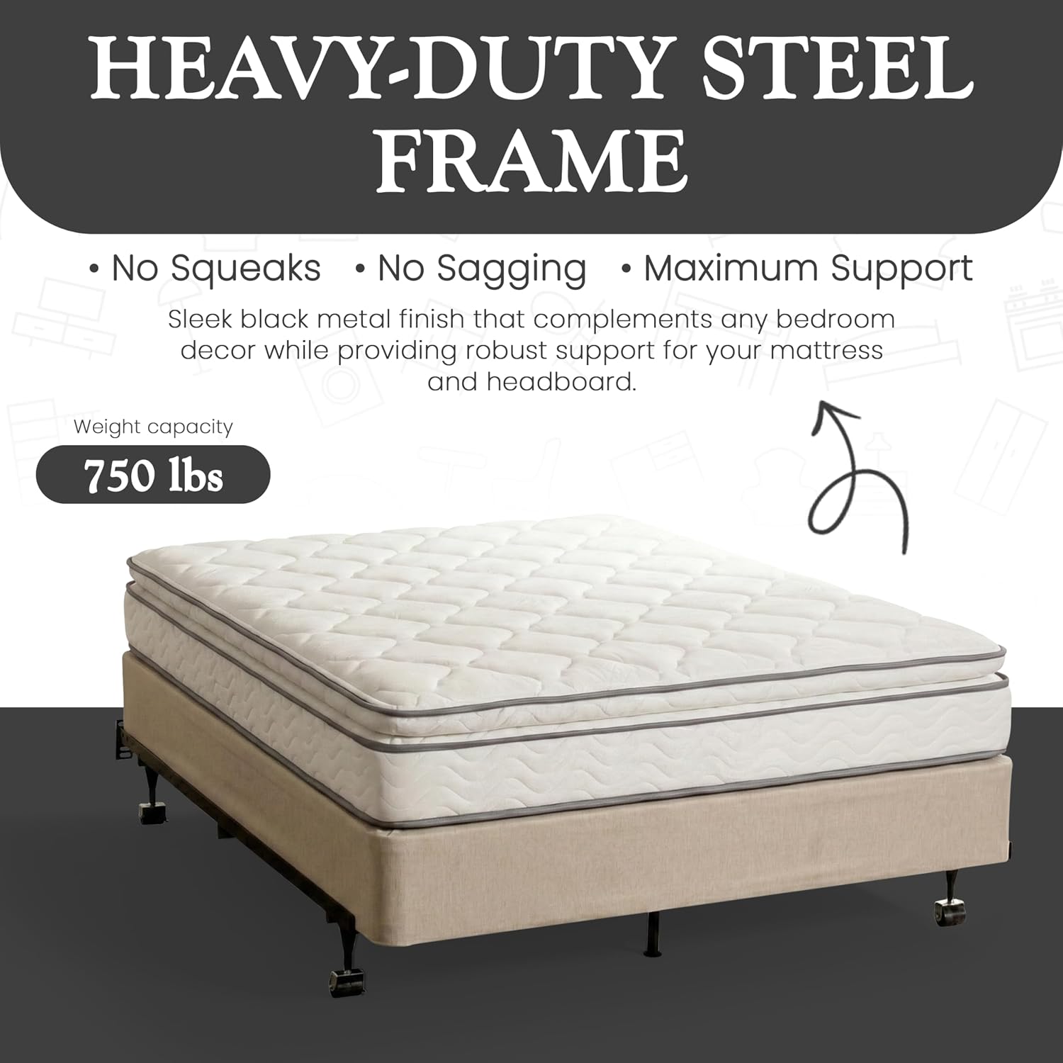 Kings Brand Furniture Queen Metal Bed Frame – Heavy Duty Support for Box Spring & Mattress Foundation with Center Rail, Locking Wheels