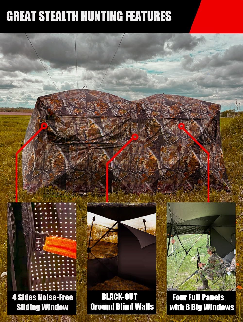THUNDERBAY Bunkhouse Pop Up Portable 6 Person Side-by-Side Hunting Blind, Footprint: 140"x70" with 80" Height