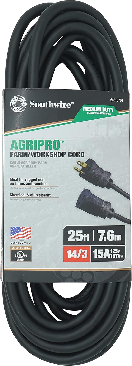 Southwire AGRIPRO 12/3 Heavy Duty Extension Cord, 25ft, Farm/Workshop Cord, SJTOW, Black, 67729001