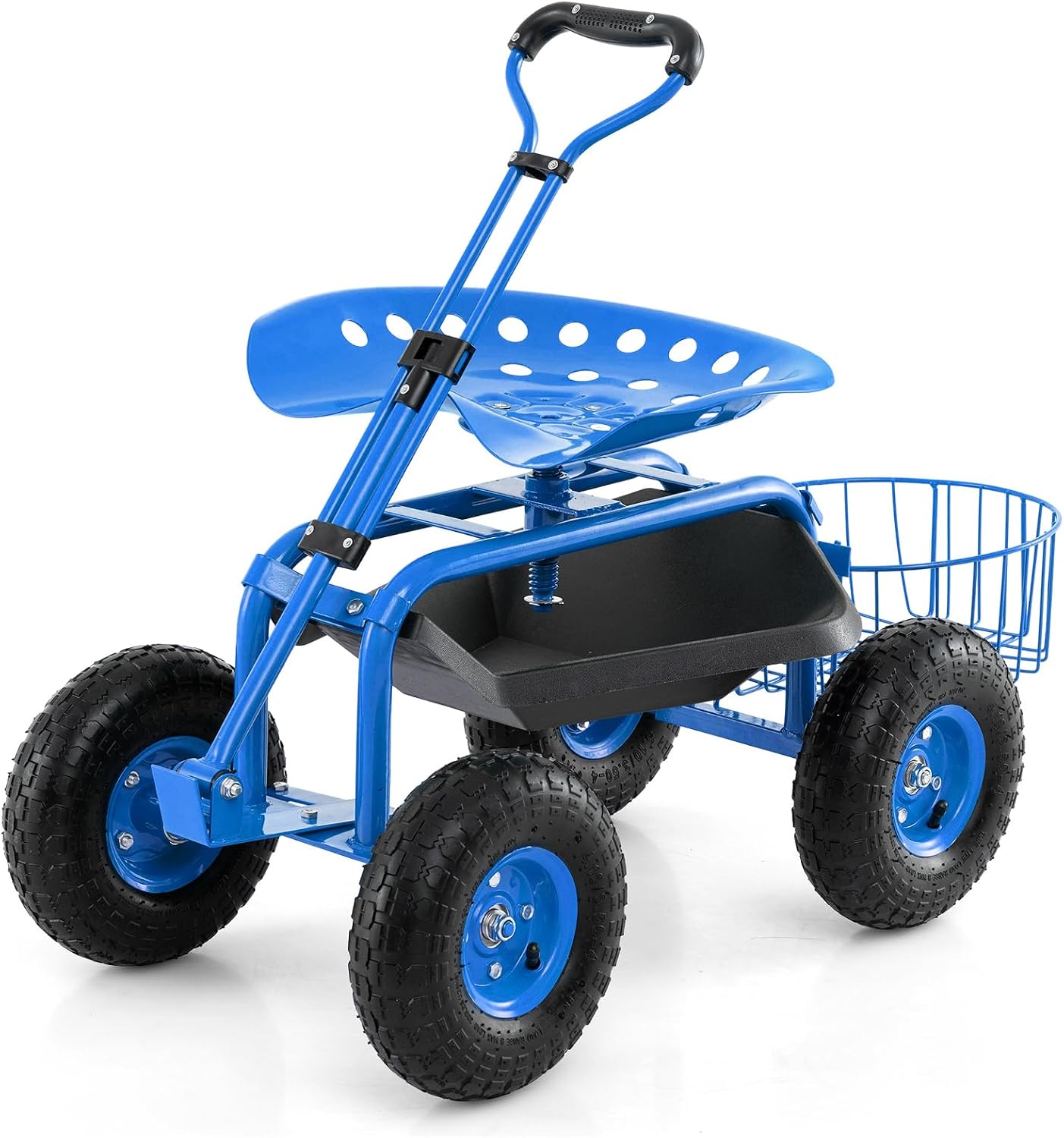 Giantex Rolling Garden Cart with Seat, 4-Wheel Gardening Workseat with Storage Basket, Swivel Stool Adjustable Seat, Steering Handle