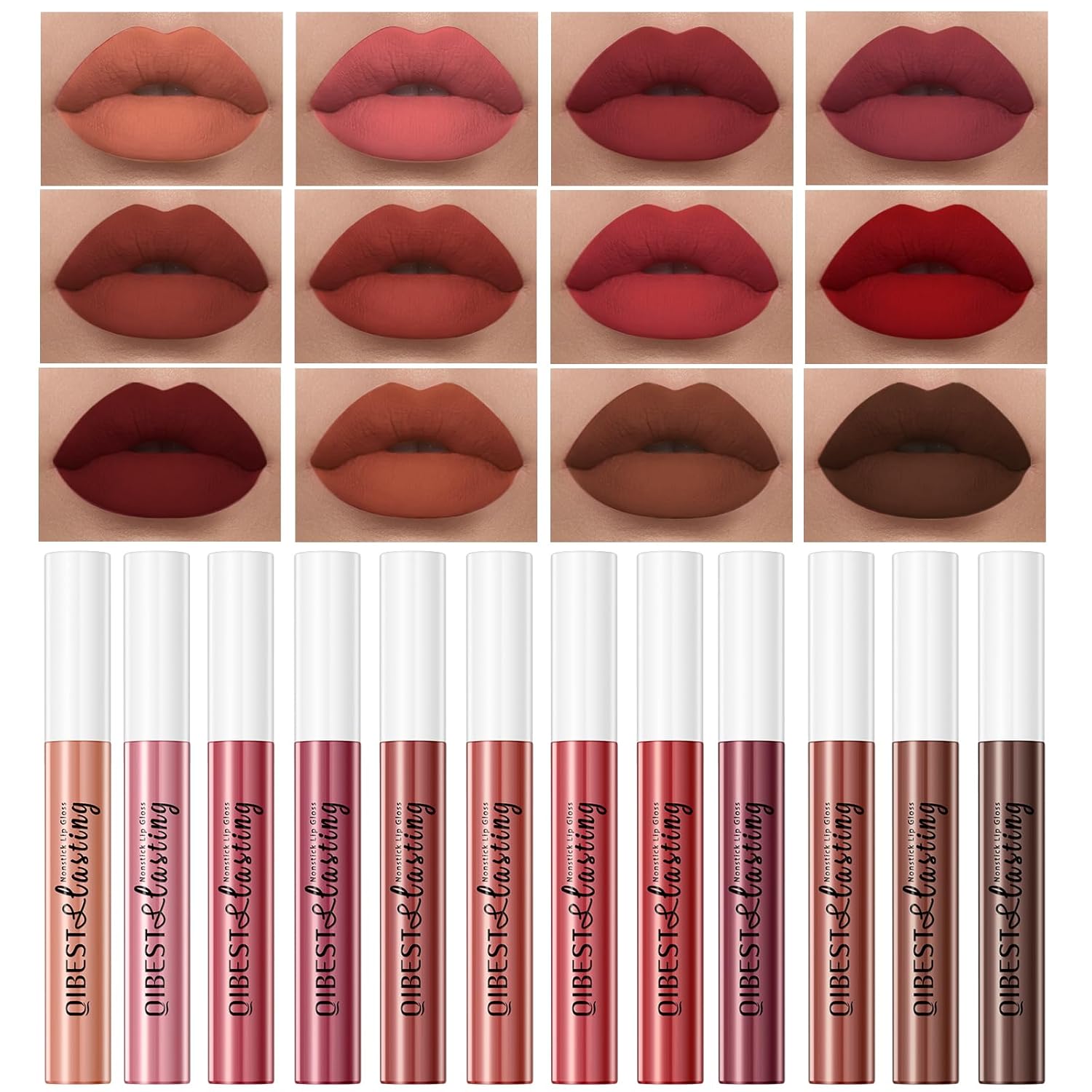 QiBest 7Pcs Matte Liquid Lipstick + 1Pcs Lip Plumper Makeup Set Kit, Pigmented Long Lasting Lip Gloss Set