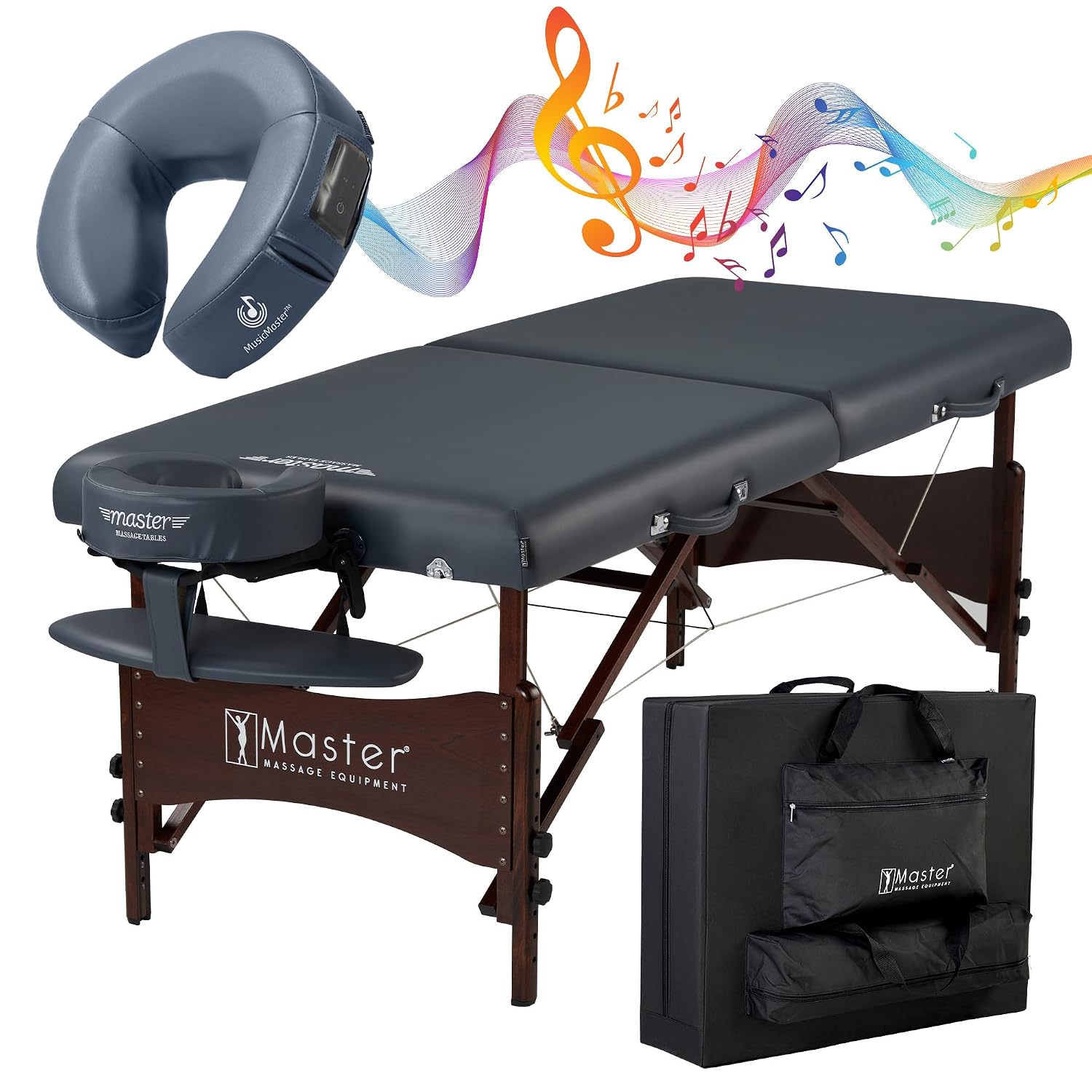 Master Massage Newport Portable Massage Table Package with Denser 2.5" Cushion, Walnut Stained Hardwood, Steel Support Cables, Pillows & Accessories, Black, 30"