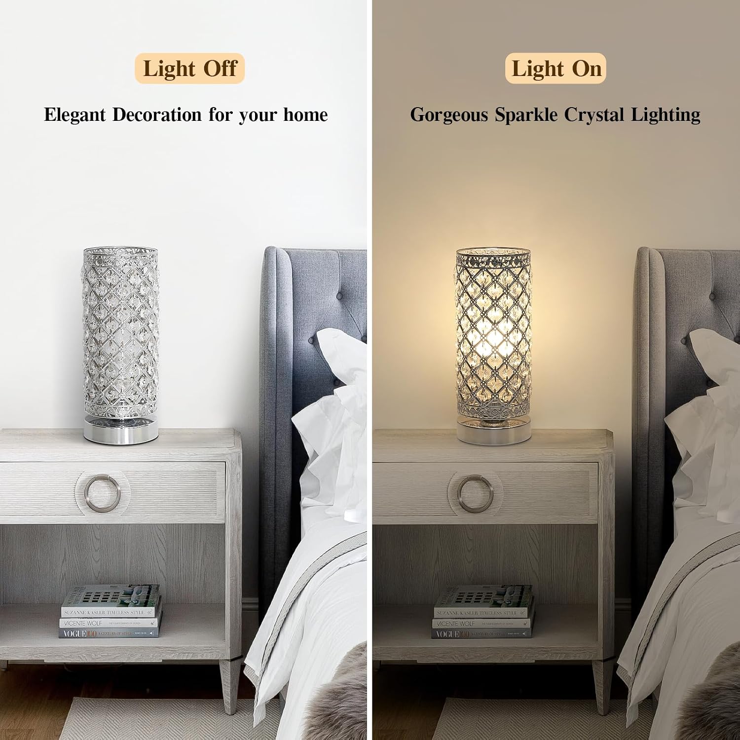 Crystal Table Lamp, 3 Way Touch Control Dimmable Bedside Nightstand Lamp | Silver Crystal Desk Lamp