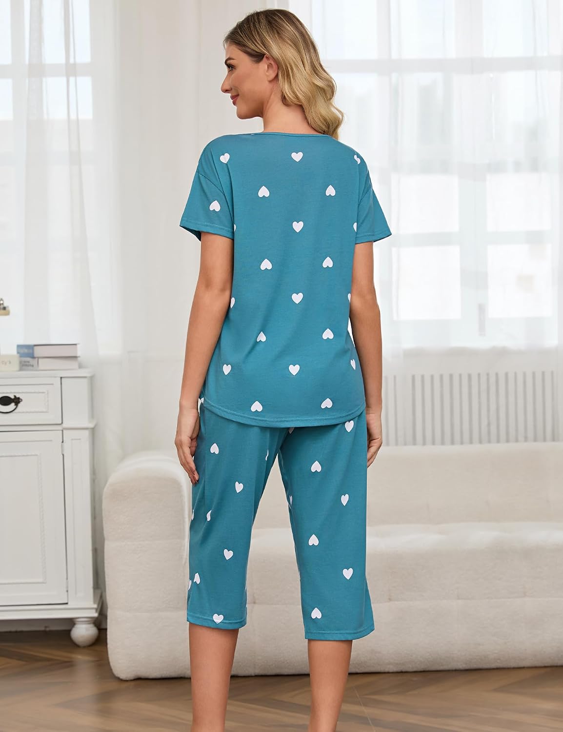 ENJOYNIGHT Womens Pajama Set Cotton Summer Pj Top with Capri Pant Sleepwear