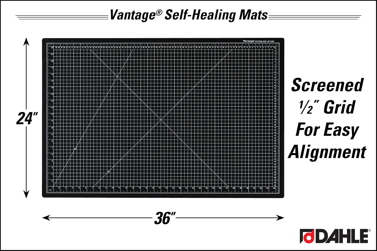 Dahle Vantage 10673 Premium Self-Healing Cutting Mat, 24"x36", 1/2" Grid, 5 Layers for Max Healing, Perfect for Crafts & Sewing, Black