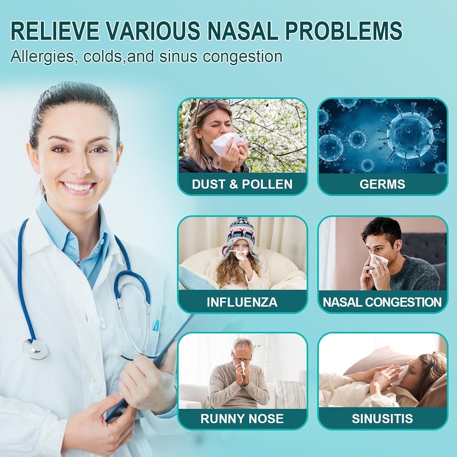 Nasal Irrigation System with 30 Saline Packets Nasal Care, Sinus Rinse Machine, Nasal Rinse Machine, Nasal Cleaner with Auto Waste Collection Function for Sinus, Nasal Allergies - Green