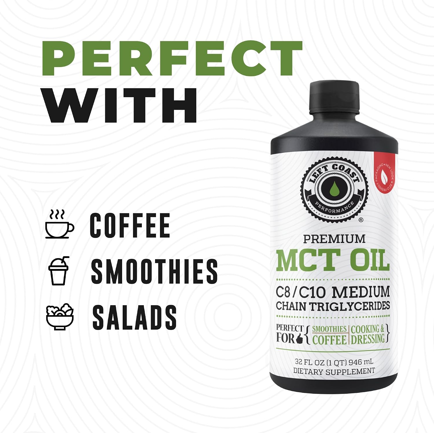 100% Coconut MCT Oil Liquid, 32 Fl Oz | MCT Oil C8 C10 for Sustained Mental Energy & Focus - Support Great for Smoothies Salads Coffee - Palm Free, Keto Friendly