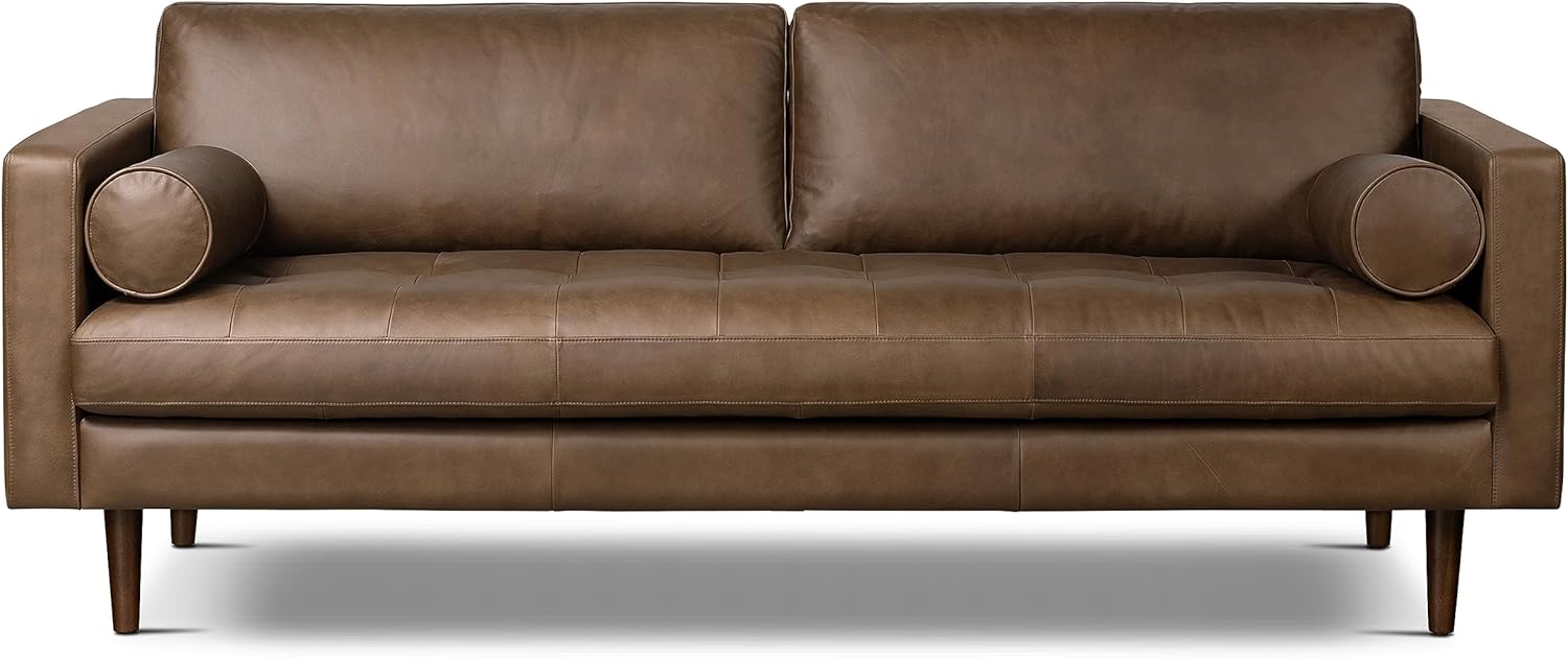Poly & BARK 55" Tufted Leather Bed Bench for Bedroom End of Bed - Living Room Entry Way Bench - Pure Italian Leather Upholstery with a Solid Wood Frame - Ottoman Bench with Wooden Legs - Cognac Tan