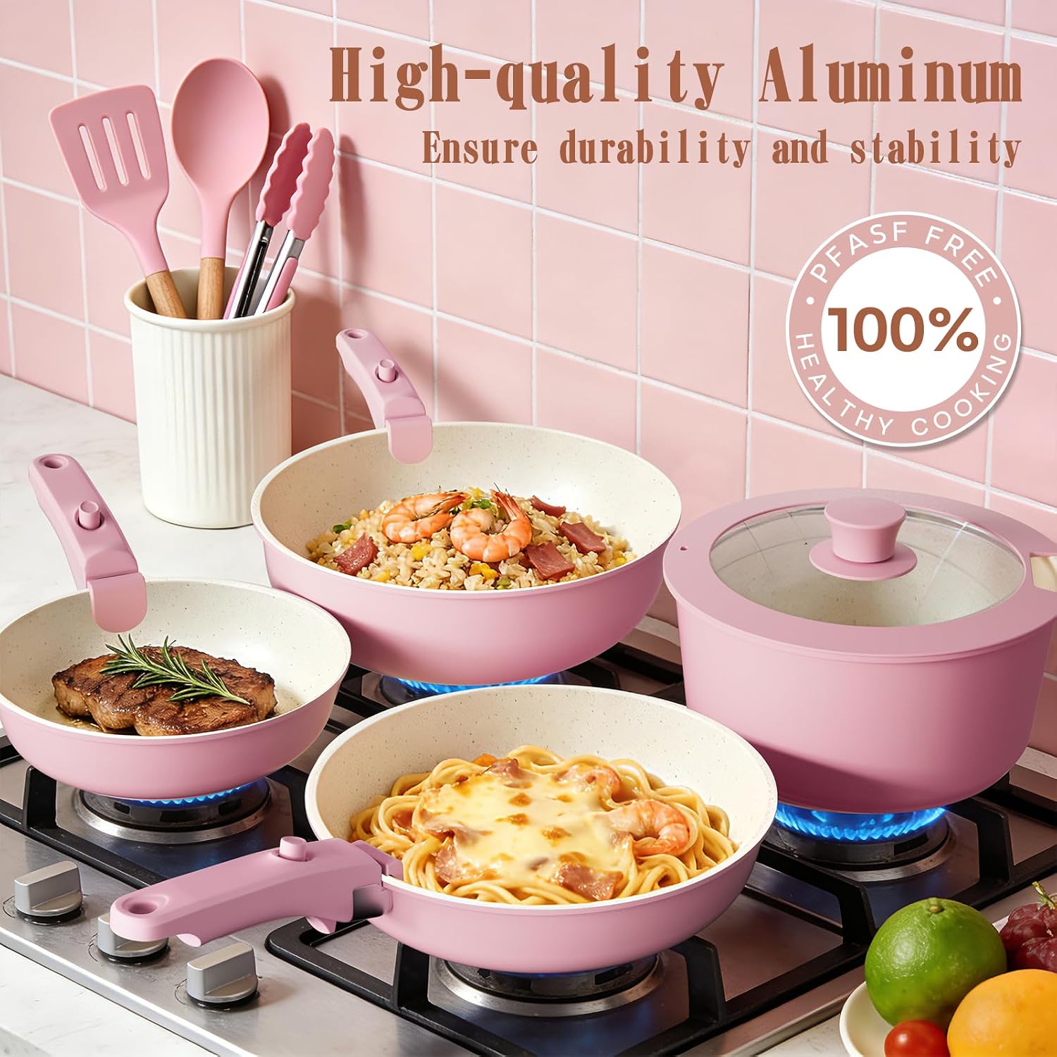 Umite Chef Non Stick Pots and Pans Set, 21 Pcs Ceramic Kitchen Cookware Set with Detachable Handle, Nonstick Healthy Induction Cookware, Dishwasher RV Cookware Set, Oven Safe, Stackable, Sage Green
