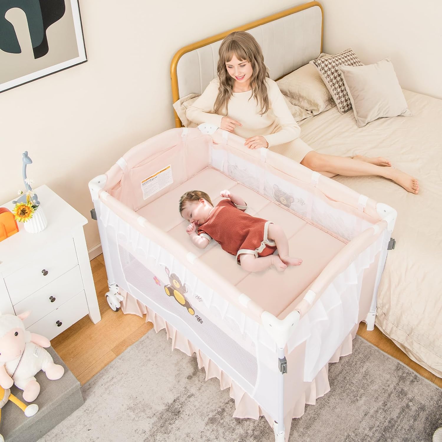 HONEY JOY 4-in-1 Pack and Play with Canopy, Portable Baby Playard w/Changing Table and Infant Bassinet Cute Toys & Music
