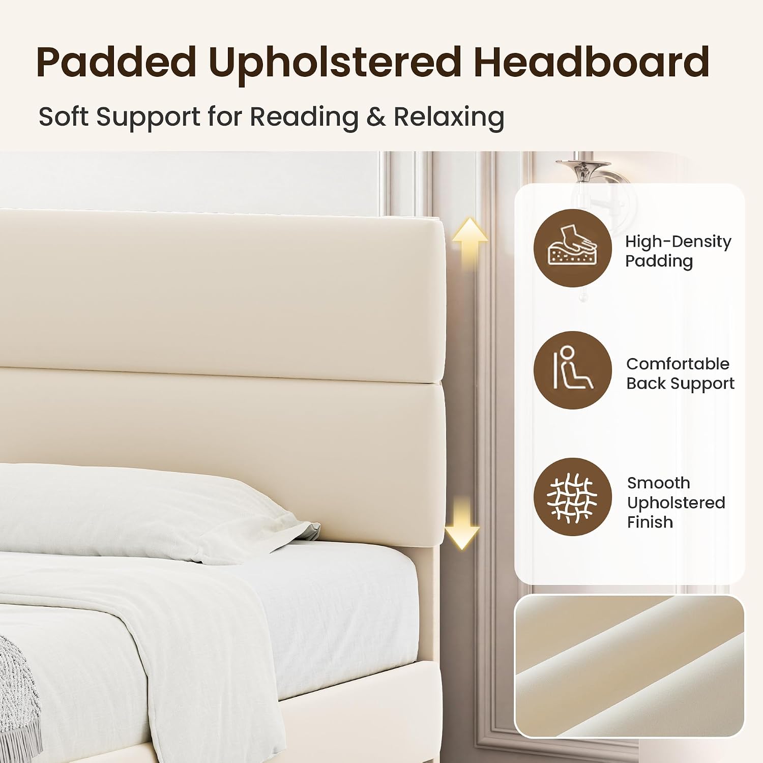GRUSIGN Queen Size Platform Bed Frame with Velvet Headboard, Adjustable Height Wooden Slats Support, Upholstered Mattress Foundation, Fits Mattress or Mattress with Box Spring, Easy Assembly, Beige