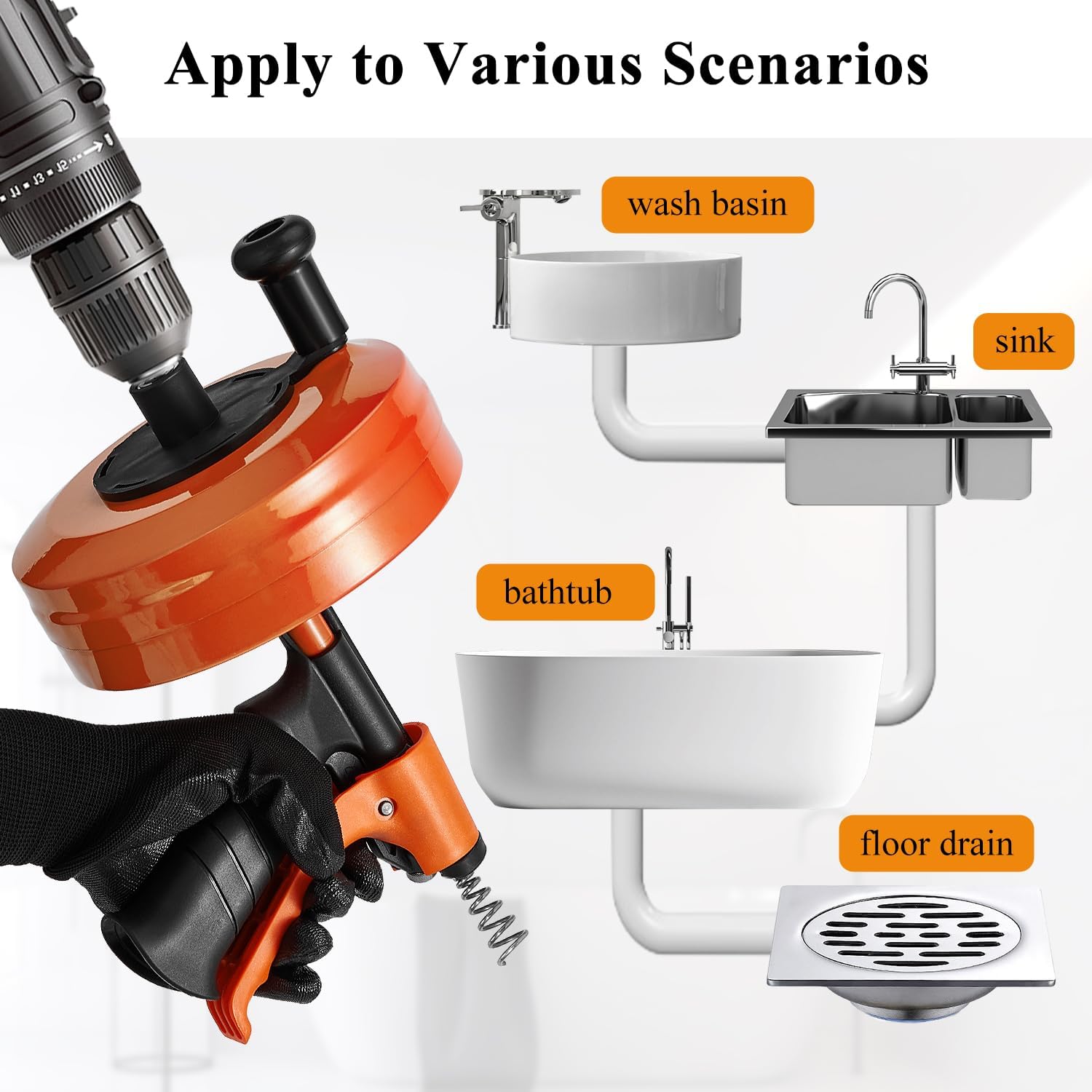 50 FT Drain Auger/Snake with Auto-Feed, Heavy Duty Plumbing Snake | Drill-Compatible Sewer Snake Tool & Flexible Steel Cable