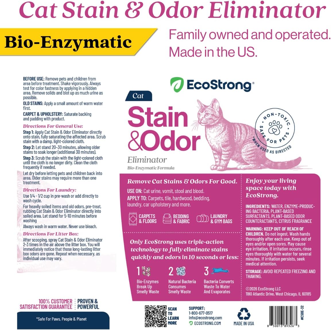 Eco Strong Cat Stain And Odor Remover| Enzyme Urine Odor Neutralizer - Stain Remover for Carpet, Litter Boxes, Bedding