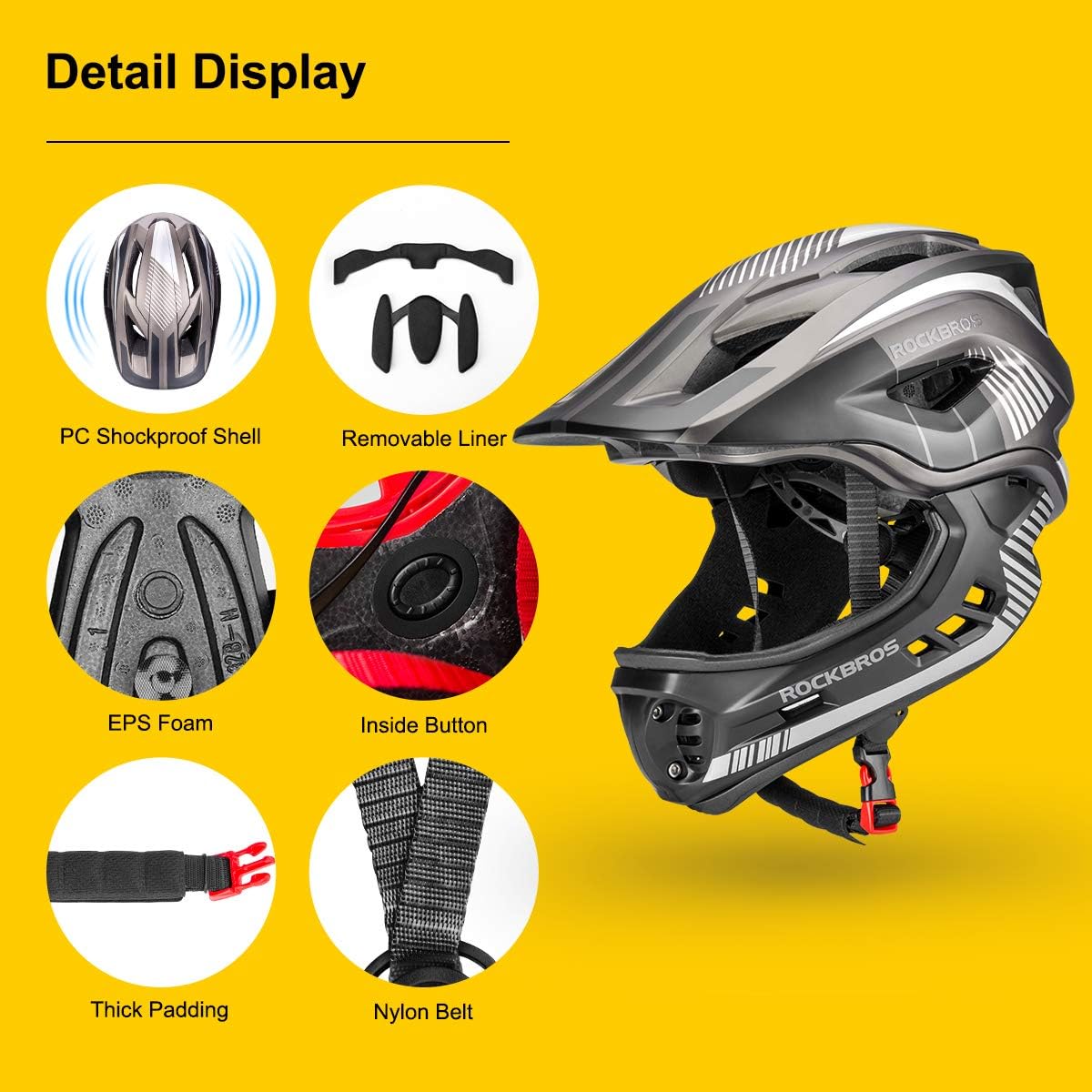 ROCKBROS Kids Full Face Bike Helmet Lightweight Detachable MTB Helmet