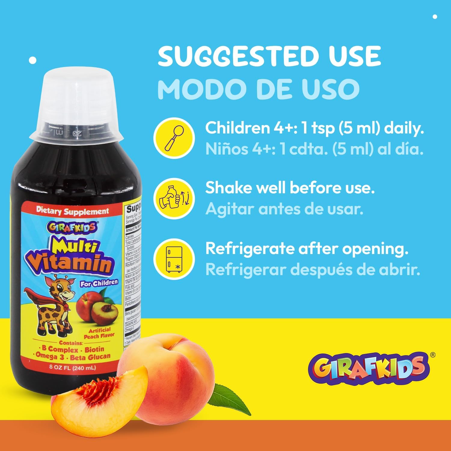 GirafKids Liquid Multivitamin for Kids with B Complex, 8 Fl Oz, Ages 4+