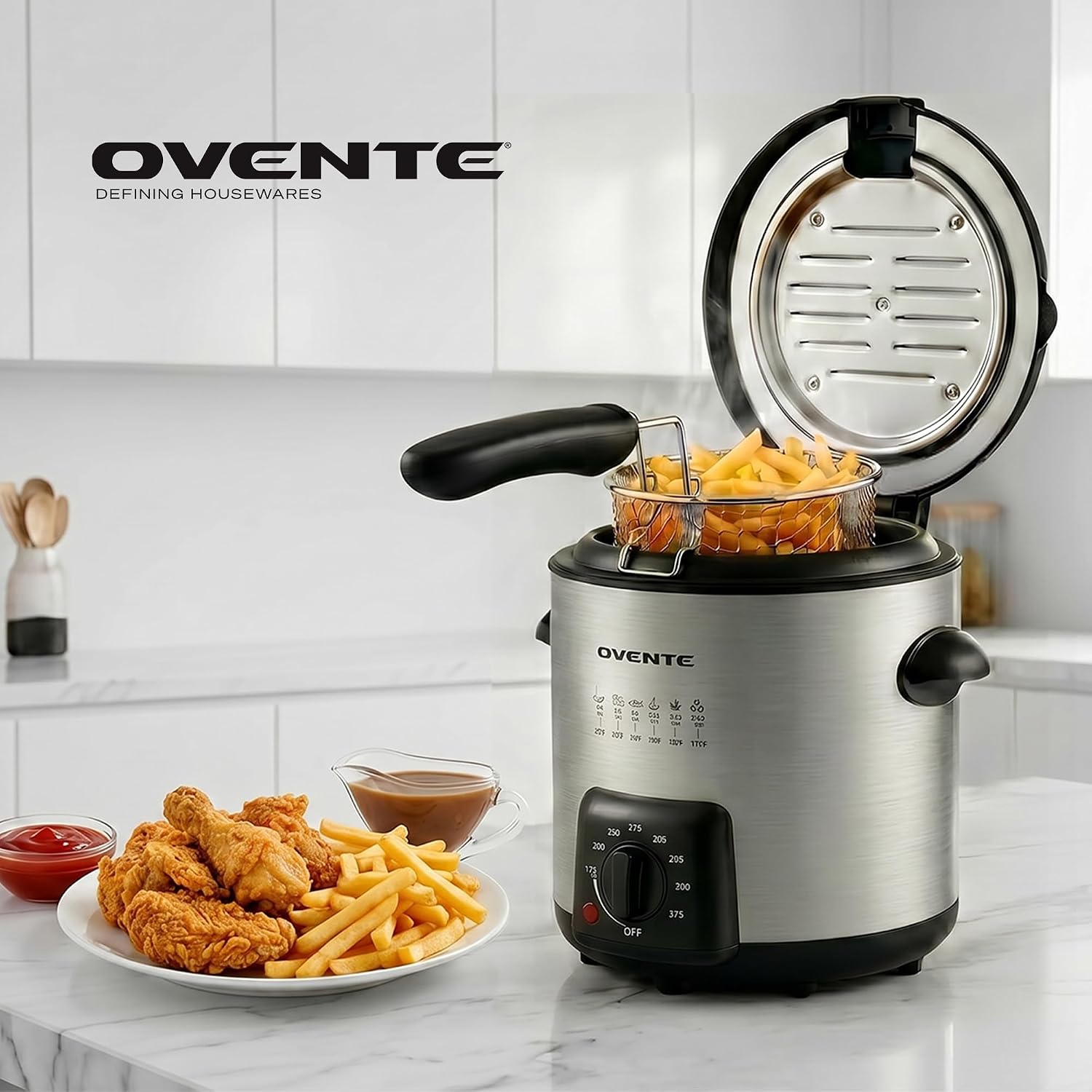 OVENTE Electric Deep Fryer, 0.9L Capacity, 840W, Silver FDM1091BR | Adjustable Temperature Knob, Locking Lid, Removable Frying Basket and Cool Touch Handle, Easy to Clean Stainless Steel Body