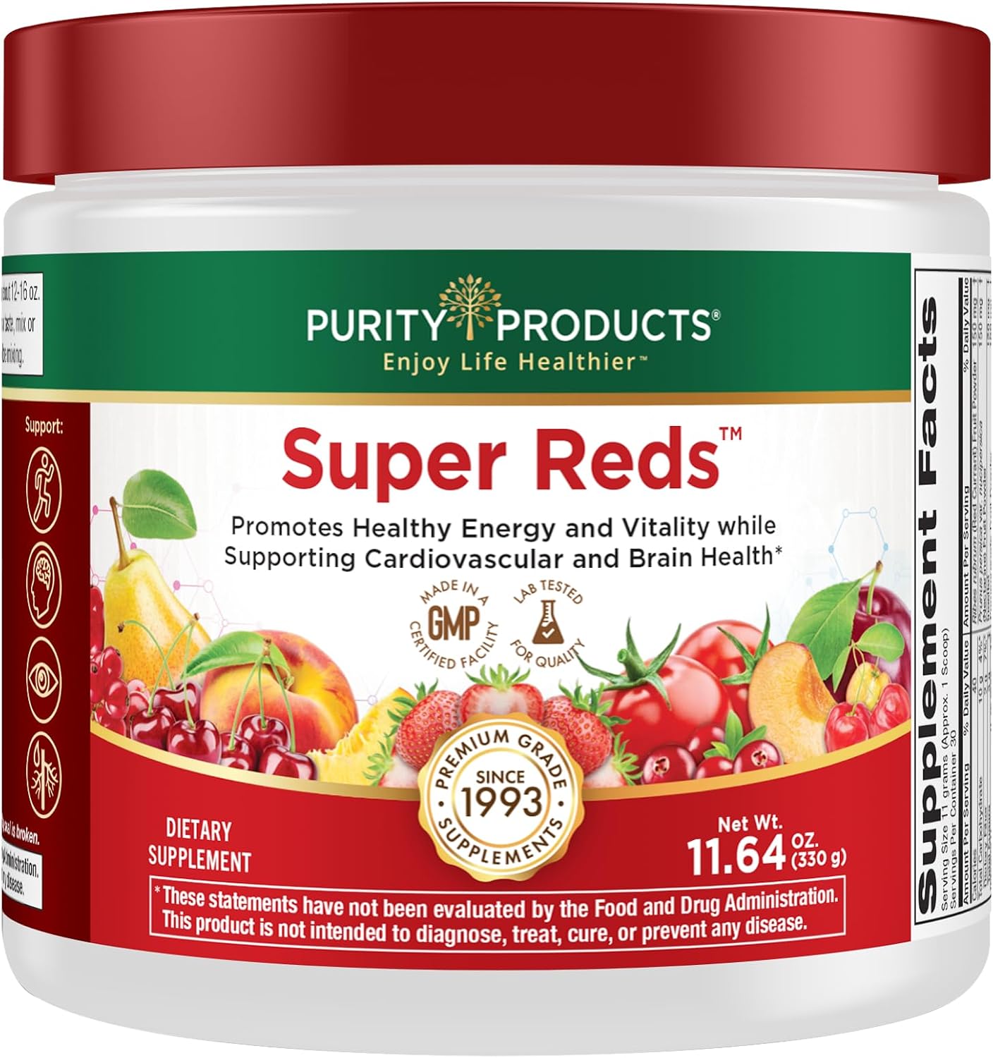 Purity Products Super Reds Powder Phytonutrient Superfood Drink Mix w/FloraGLO Lutein - Phytonutrient Blend containing Polyphenols
