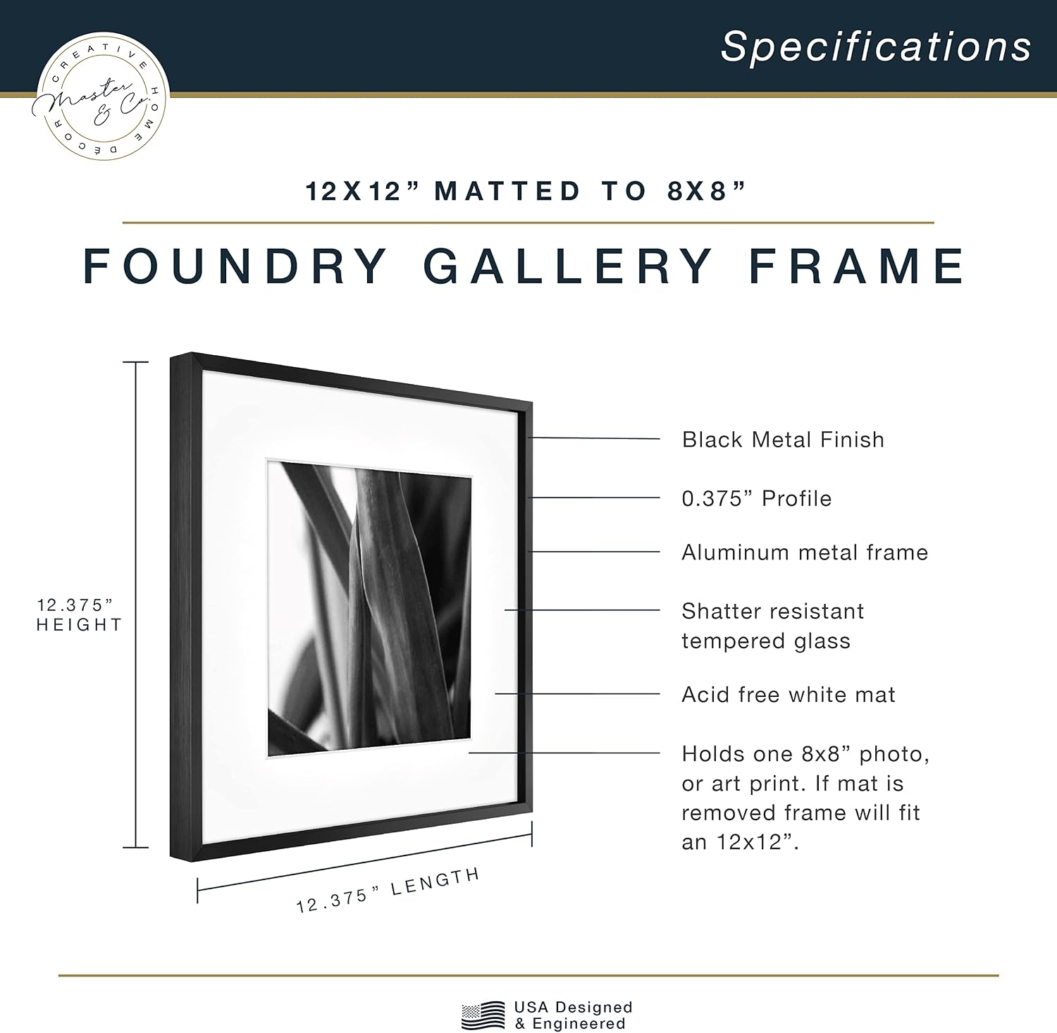 MCS Master & Co. Foundry Metal Picture Frame, 12x12 Matted to 8x8