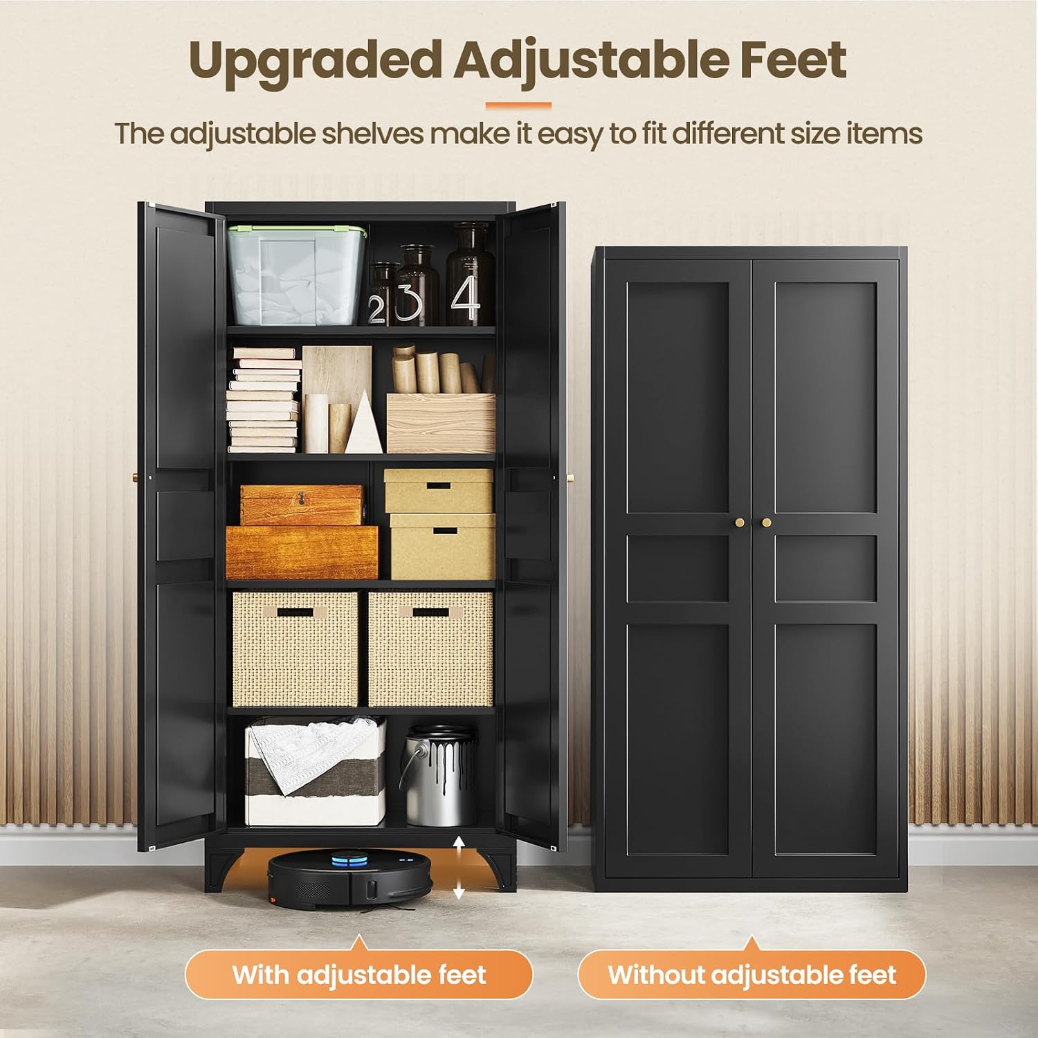 Metal Storage Cabinet with 2 Doors and 4 Adjustable Shelves - 61" White Kitchen Pantry Storage 5-Tier Tall Steel Cabinets Locker for Kitchen, Living Room, Dining Room