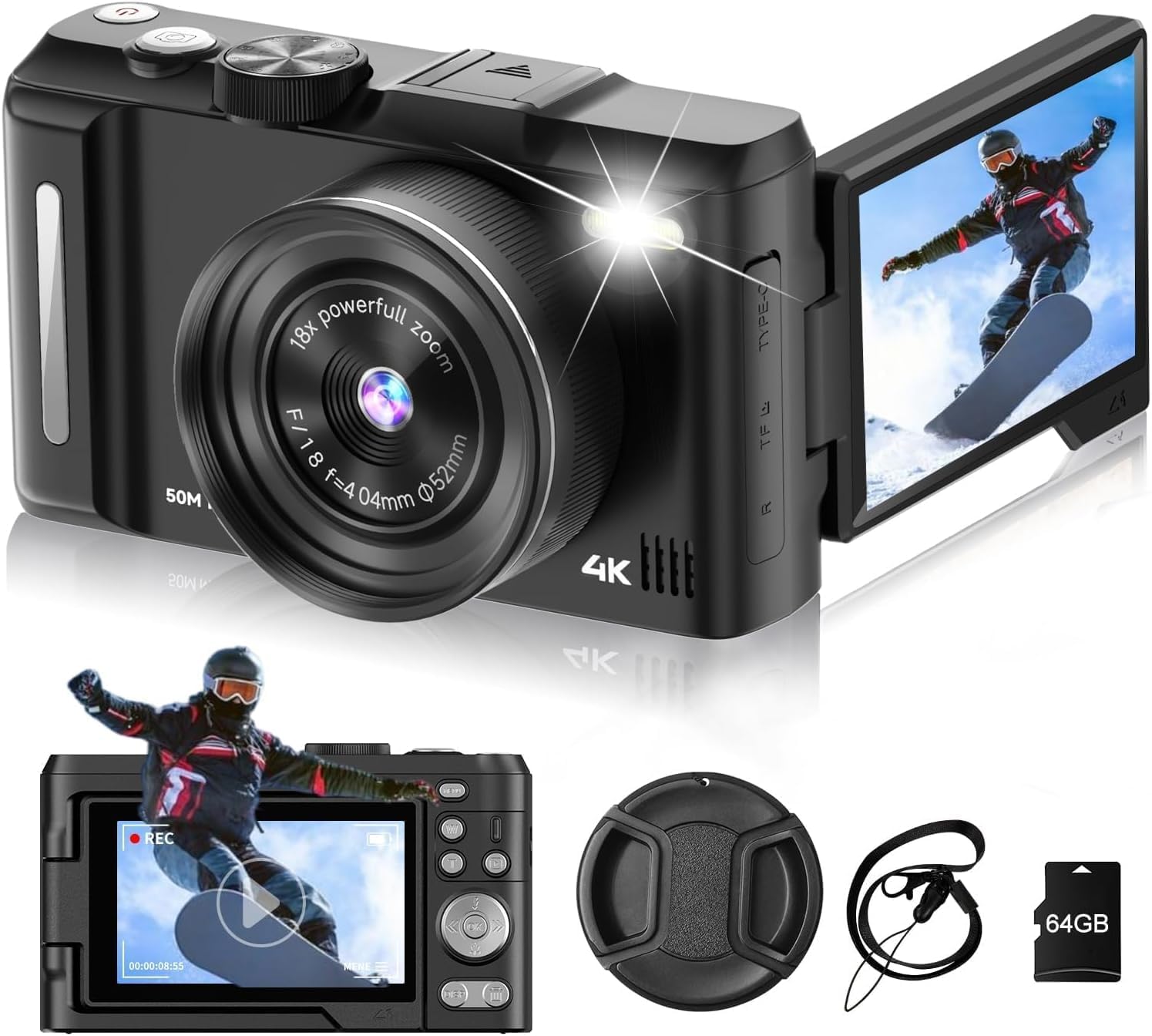 4K Digital Camera for Photography, 3" 180° Flip Screen with 64GB Card | 50MP Vlogging Camera, 4K Video Recording, 18X Digital Zoom, Built-In Flash, Compact Travel Size, Great For Teens & Beginner