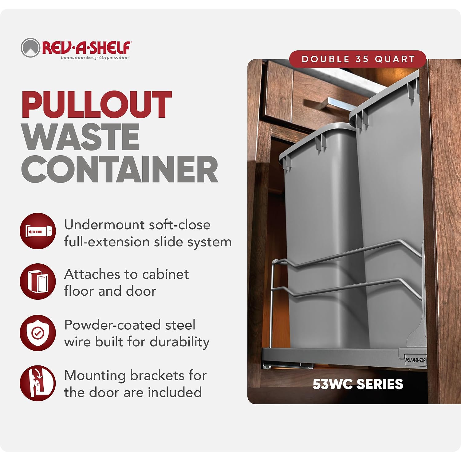 Rev-A-Shelf Double Pullout Trash Can w/Soft-Close Slides, 14.5" Min Opening | Large Capacity Garbage/ Recycling Waste Bins for Under Kitchen Cabinets, Heavy Gauge Wire Construction, 53WC-1835SCDM-217