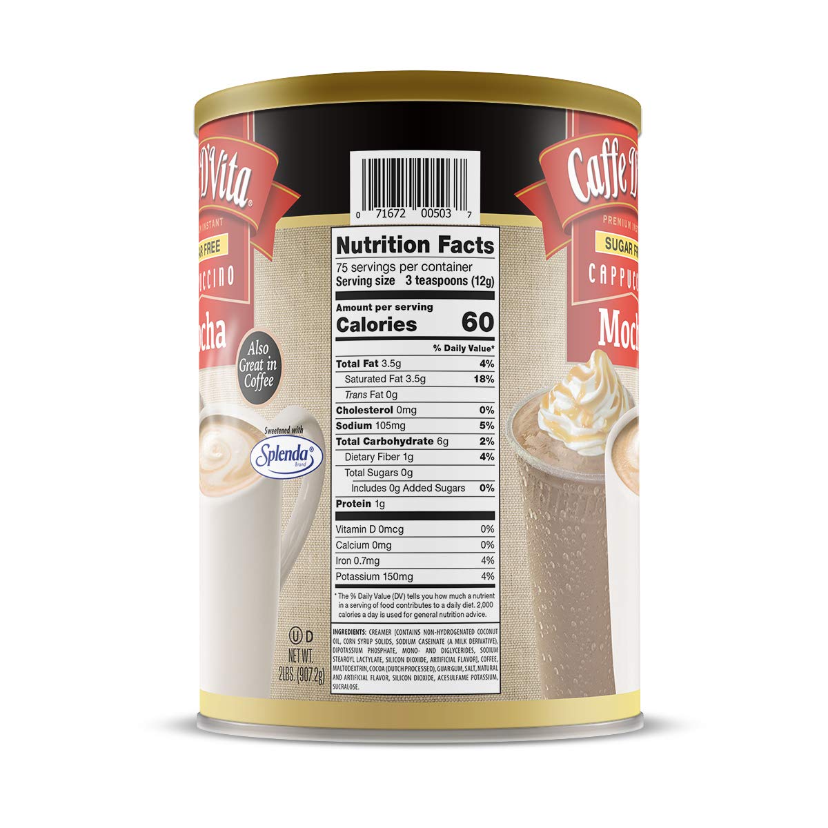 Caffe D'Vita Mocha Cappuccino Mix - 4 lb can (64 oz.) | Instant Cappuccino Mix, Gluten Free, No Cholesterol or Trans Fat, 99% Caffeine Free, Mocha