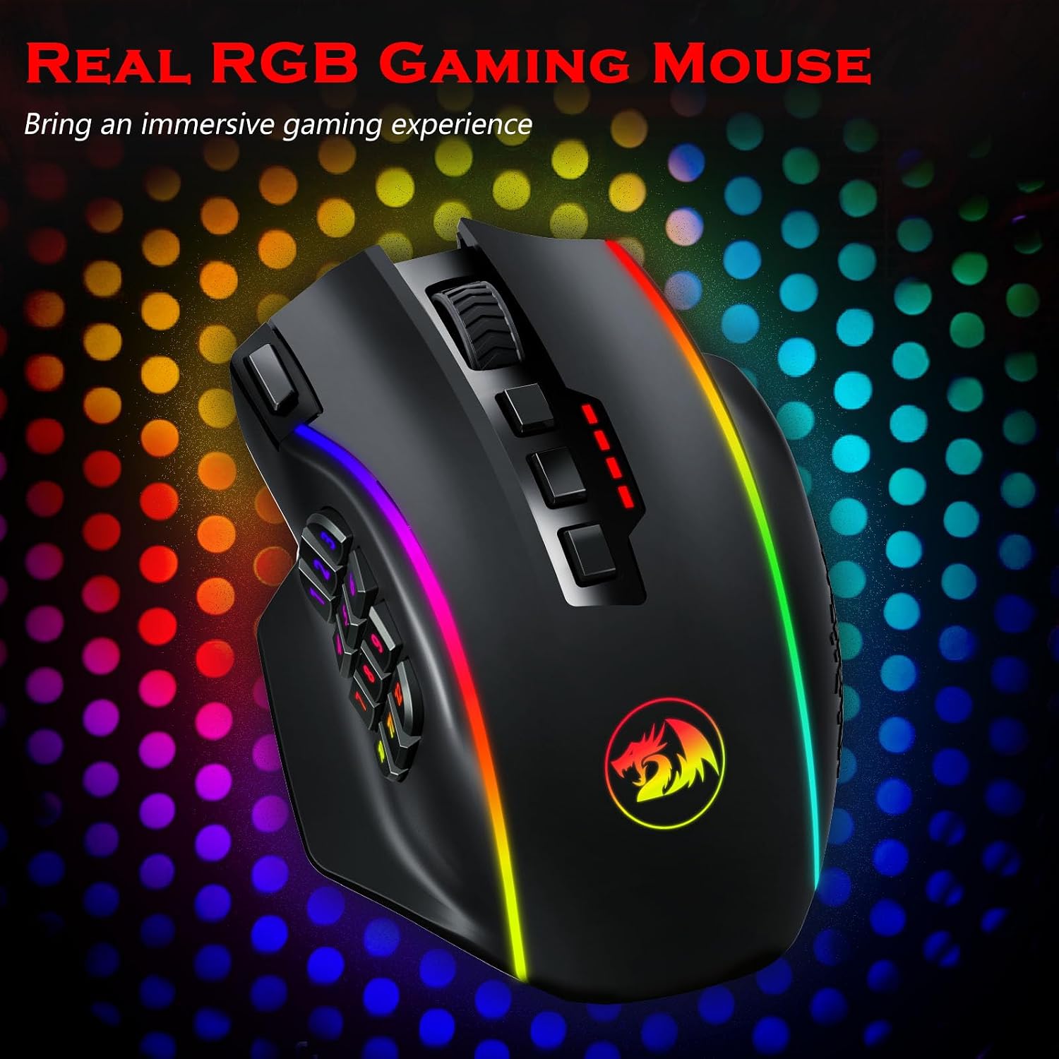 Redragon Gaming Mouse, MMO Mouse Gaming UP 12400 DPI, 19 Macro Programmable Buttons, RGB Mouse with 12 Side Buttons, 8 * 2.4g Weight Tuning for PC Laptop MOBA FPS, M901K, Black