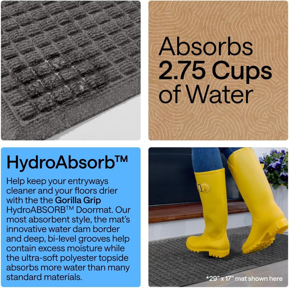 GORILLA GRIP® HydroABSORB Door Mat for Indoor Outdoor Use, 29x17 Black