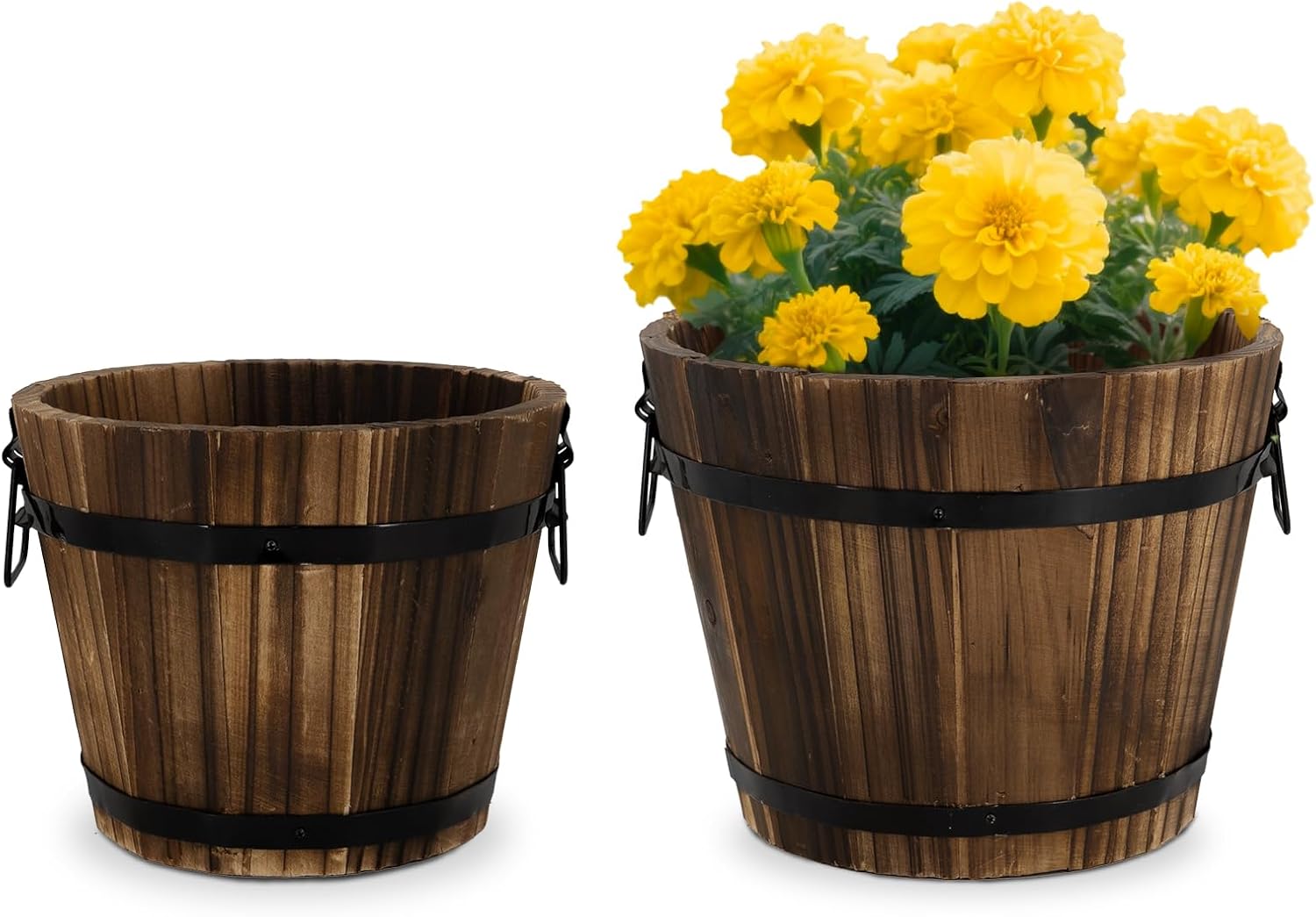 Wooden Barrel Planters, 8 inch 7 inch Plant Pot with Drainage Holes for Indoor Plants Decor, Set of 2