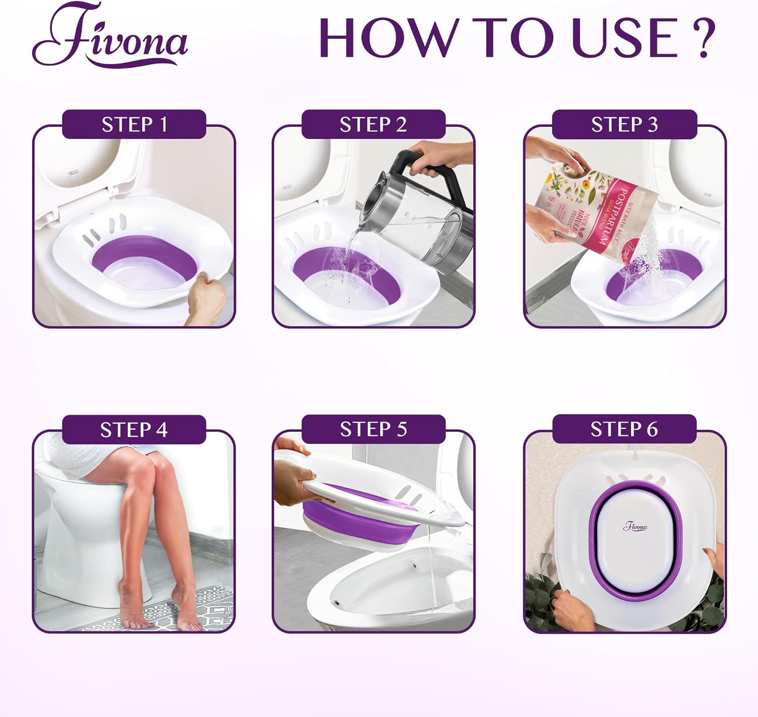 Fivona Sitz Bath for Toilet Seat Postpartum and Hemorrhoids Care - Yoni Steam Seat - Foldable Basin for Epsom Salt Soak - Portable Bidet BPA Free