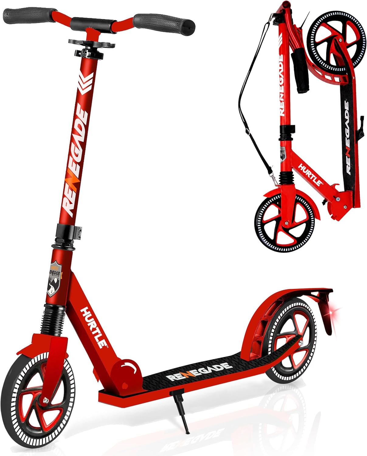 Hurtle Renegade Kick Scooter for Kids, Teenagers & Adults - 2-Wheel Folding Scooter with Adjustable T-Bar Handlebar - Alloy Anti-Slip Deck